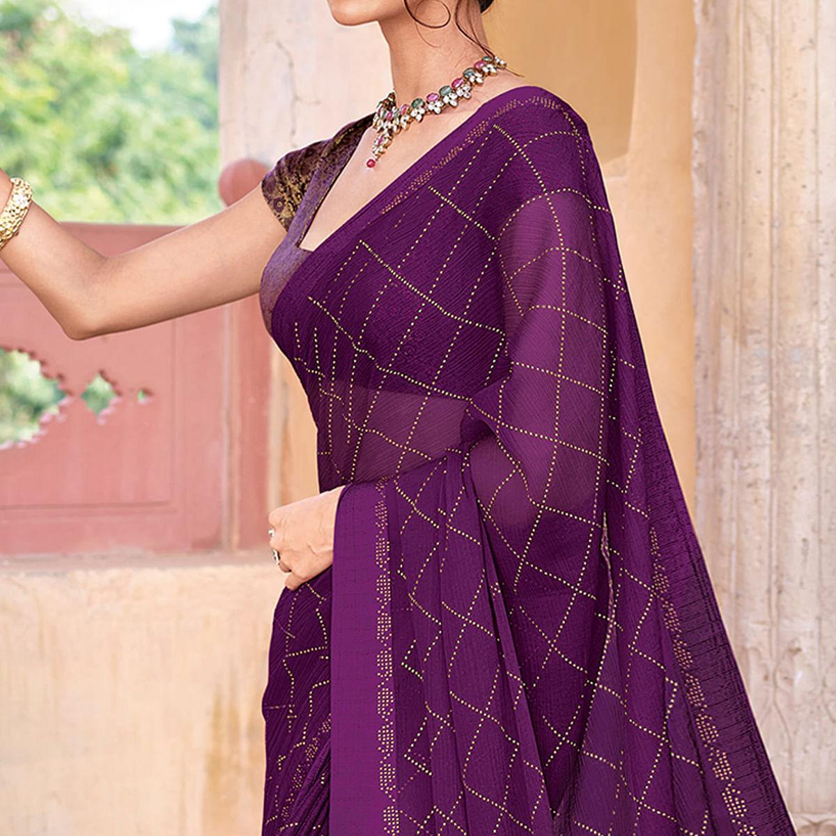 Purple Woven Chiffon Saree - Peachmode