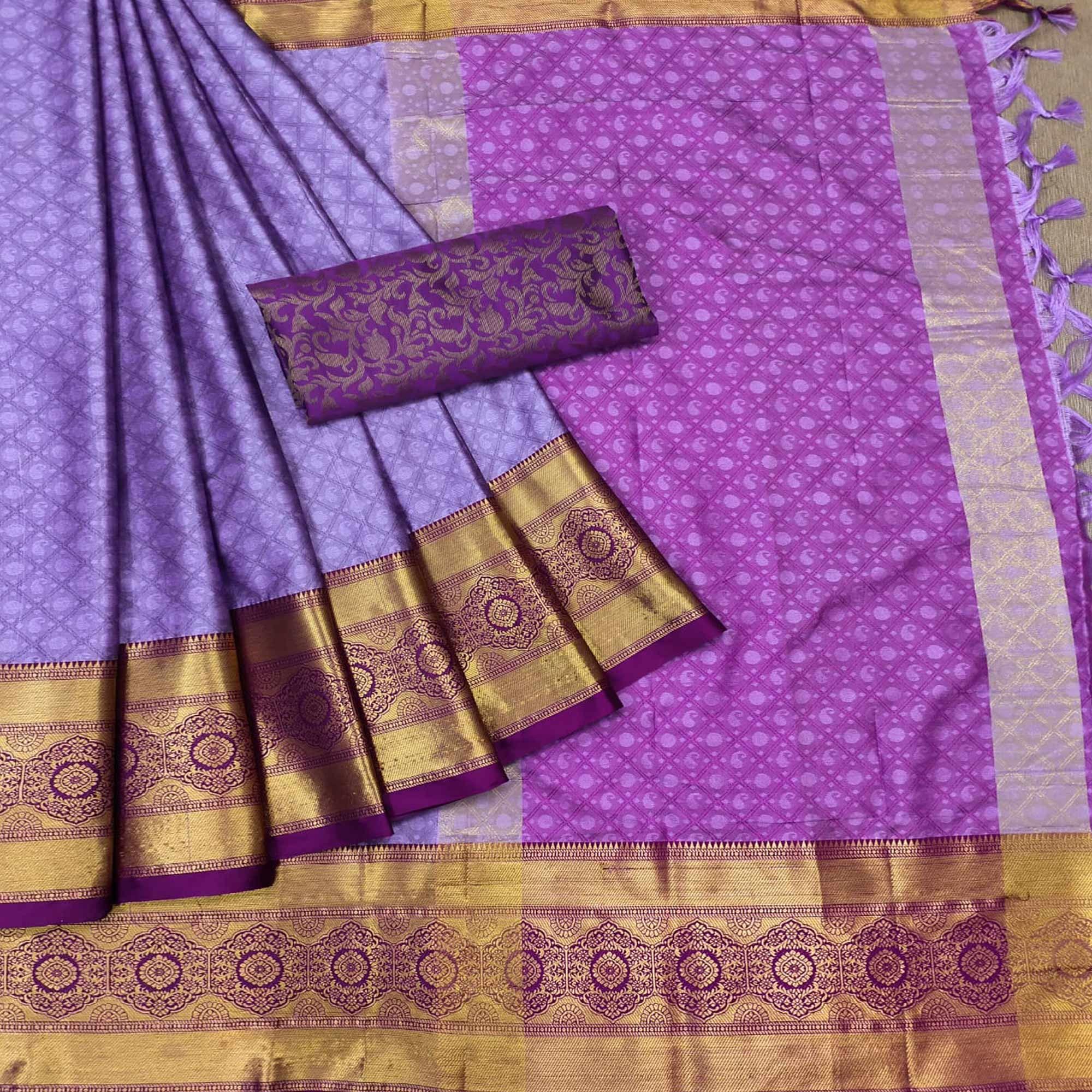 Purple Woven Cotton Silk Saree - Peachmode