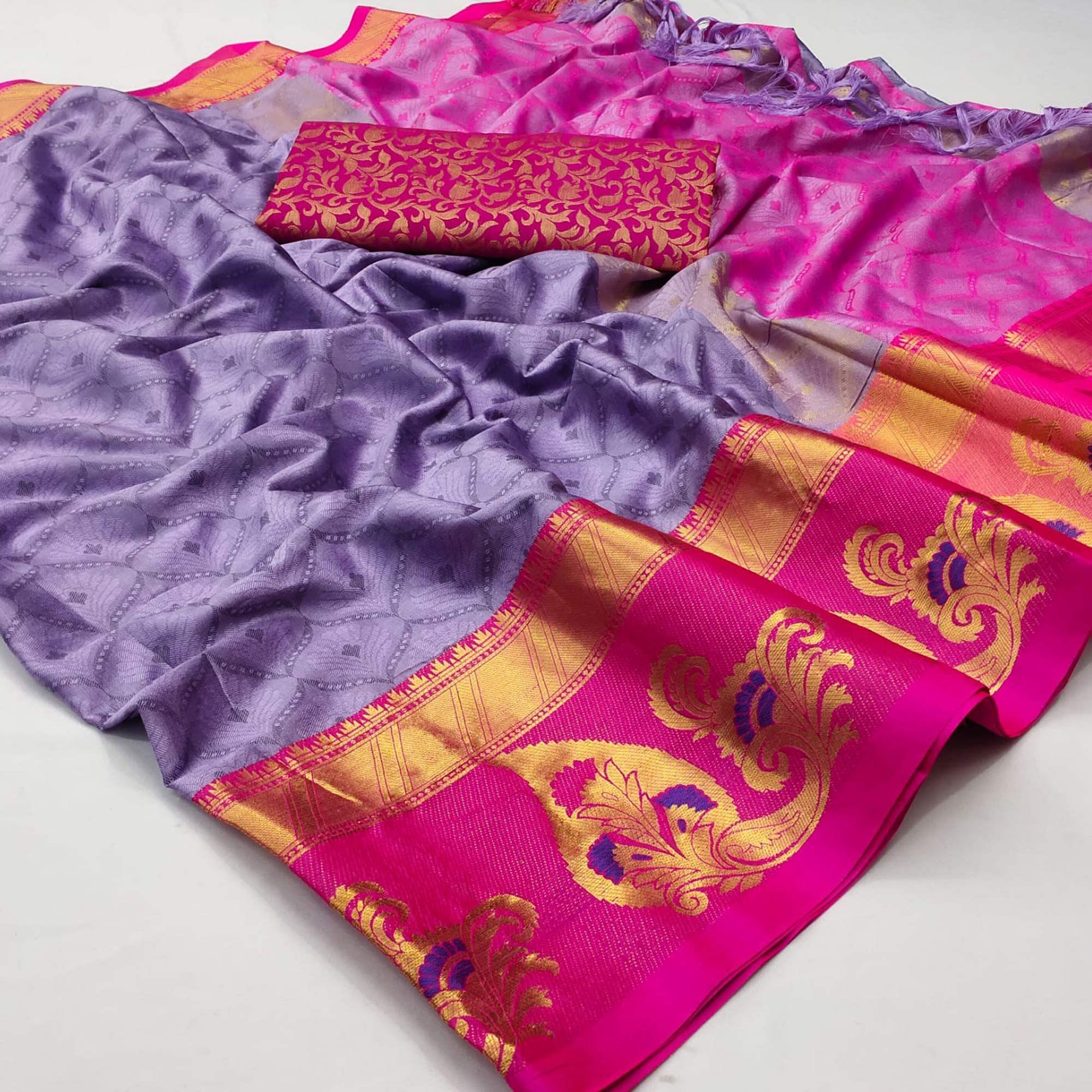 Purple Woven Cotton Silk Saree With Tassels - Peachmode