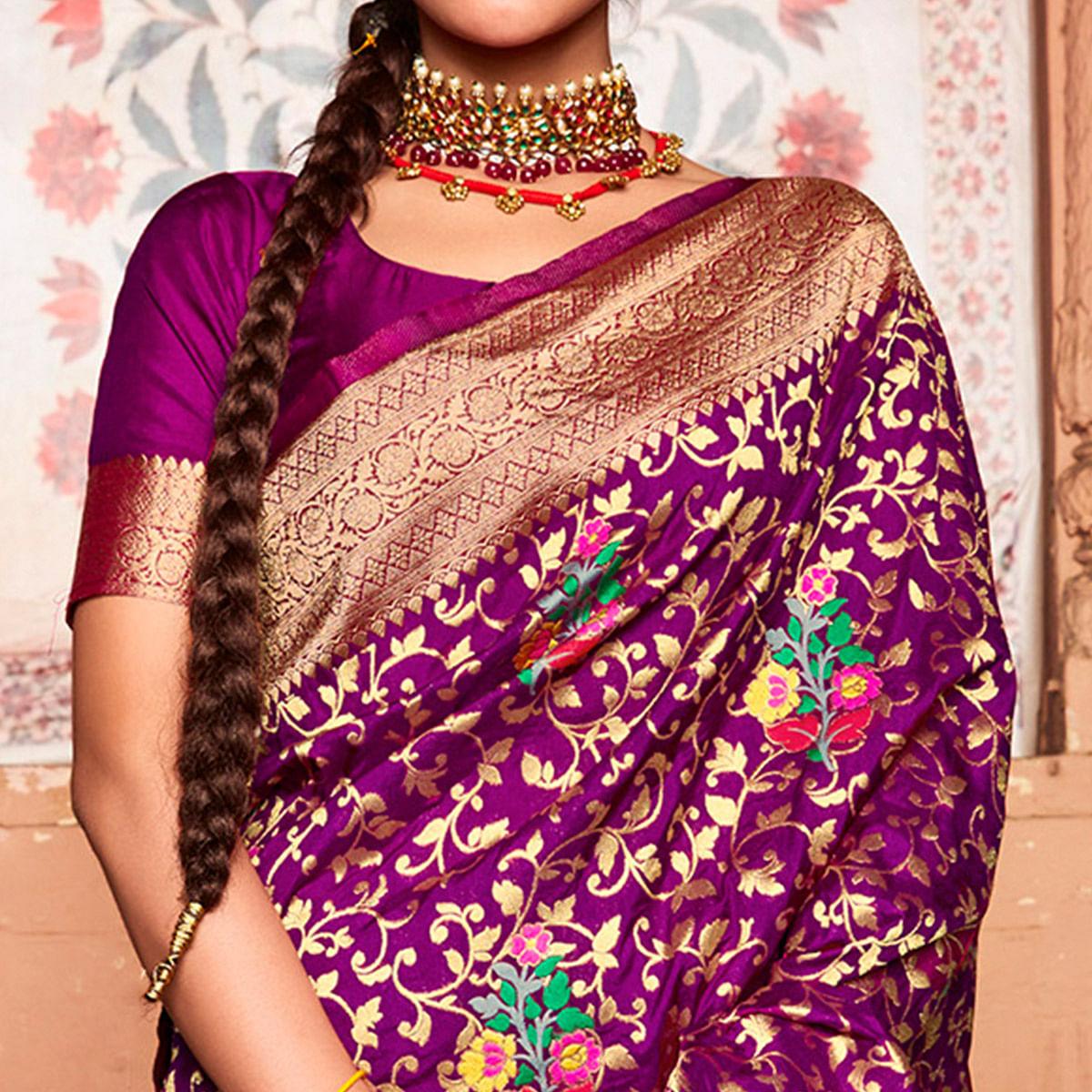 Purple Woven Dola Silk Saree - Peachmode