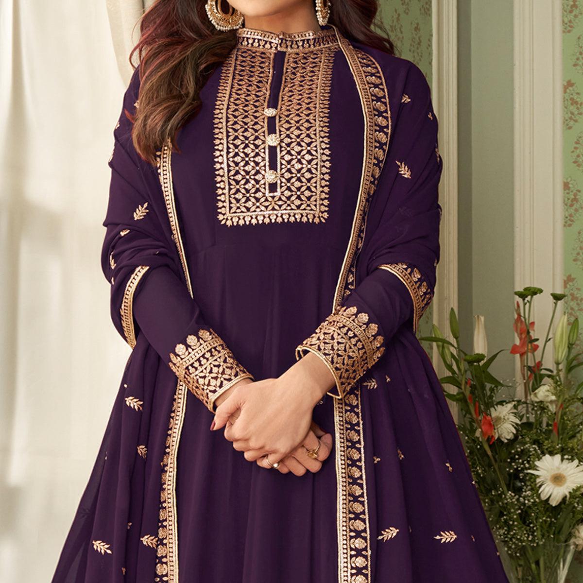 Purple Woven Georgette Anarkali Suit - Peachmode