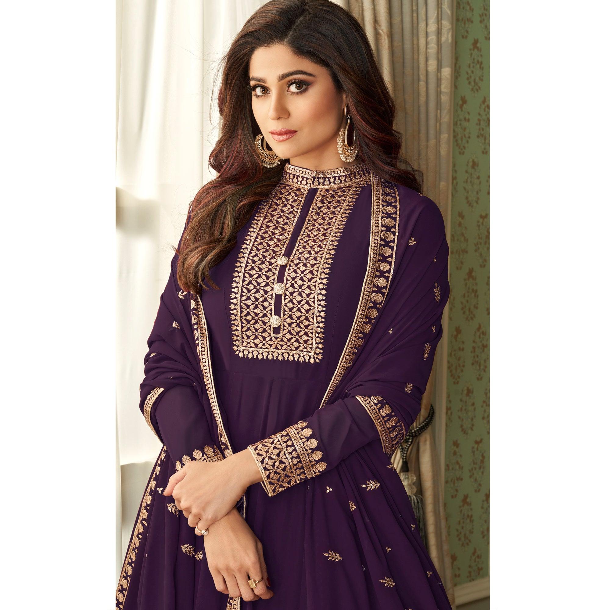 Purple Woven Georgette Anarkali Suit - Peachmode