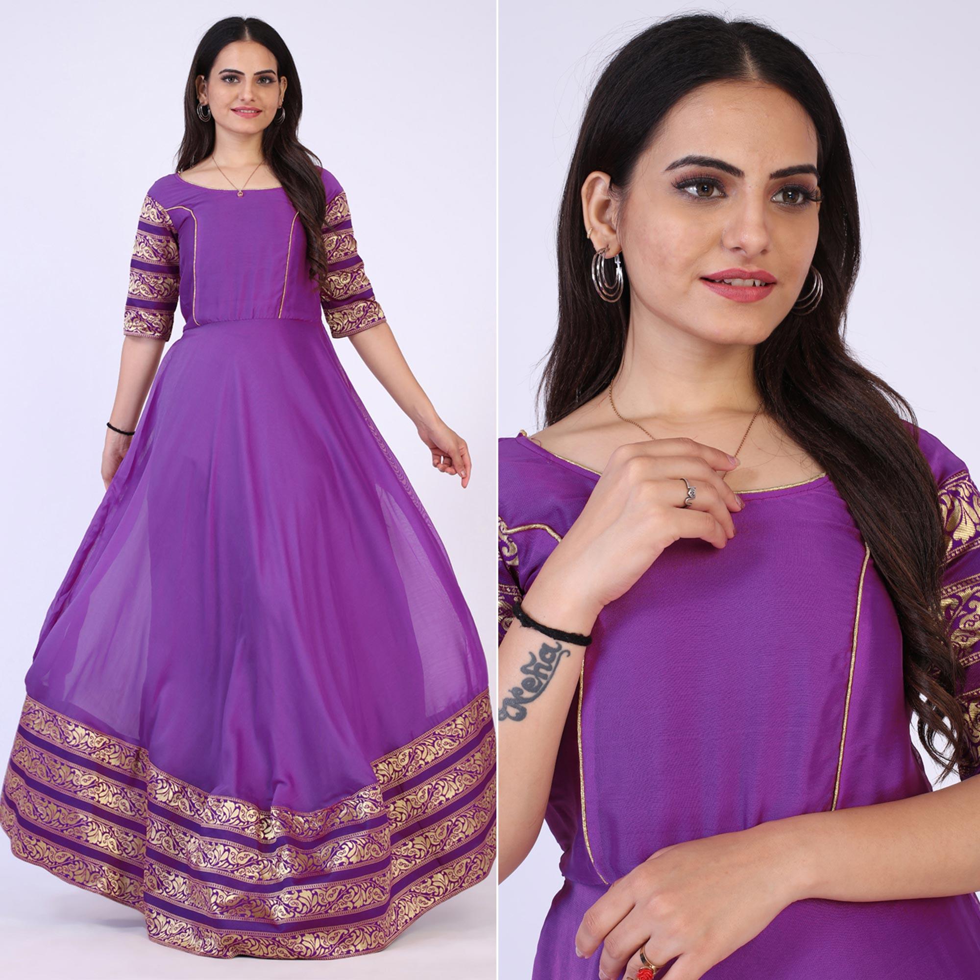 Purple Woven Georgette Gown - Peachmode