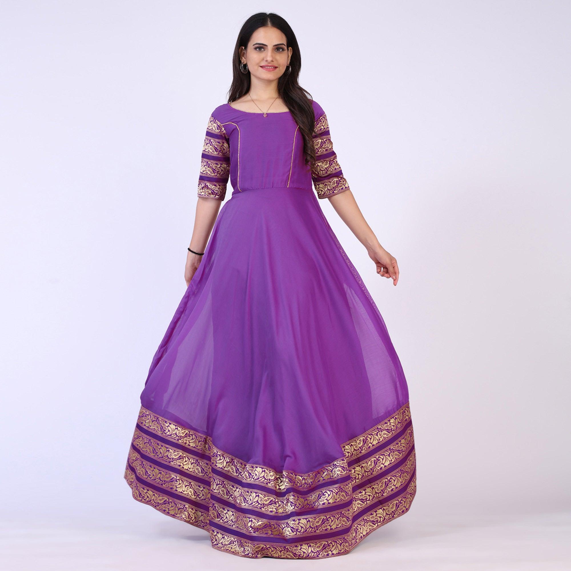 Purple Woven Georgette Gown - Peachmode