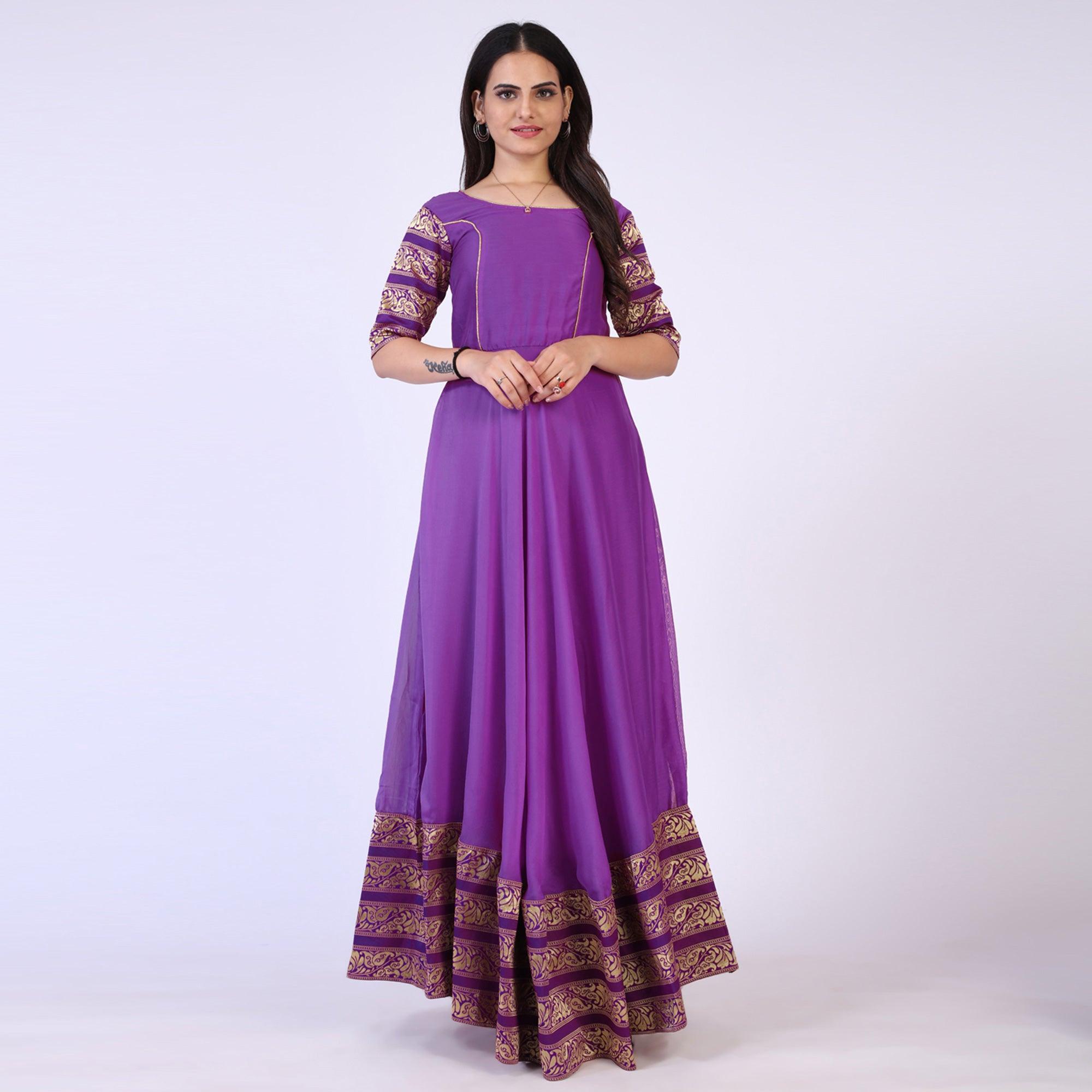 Purple Woven Georgette Gown - Peachmode