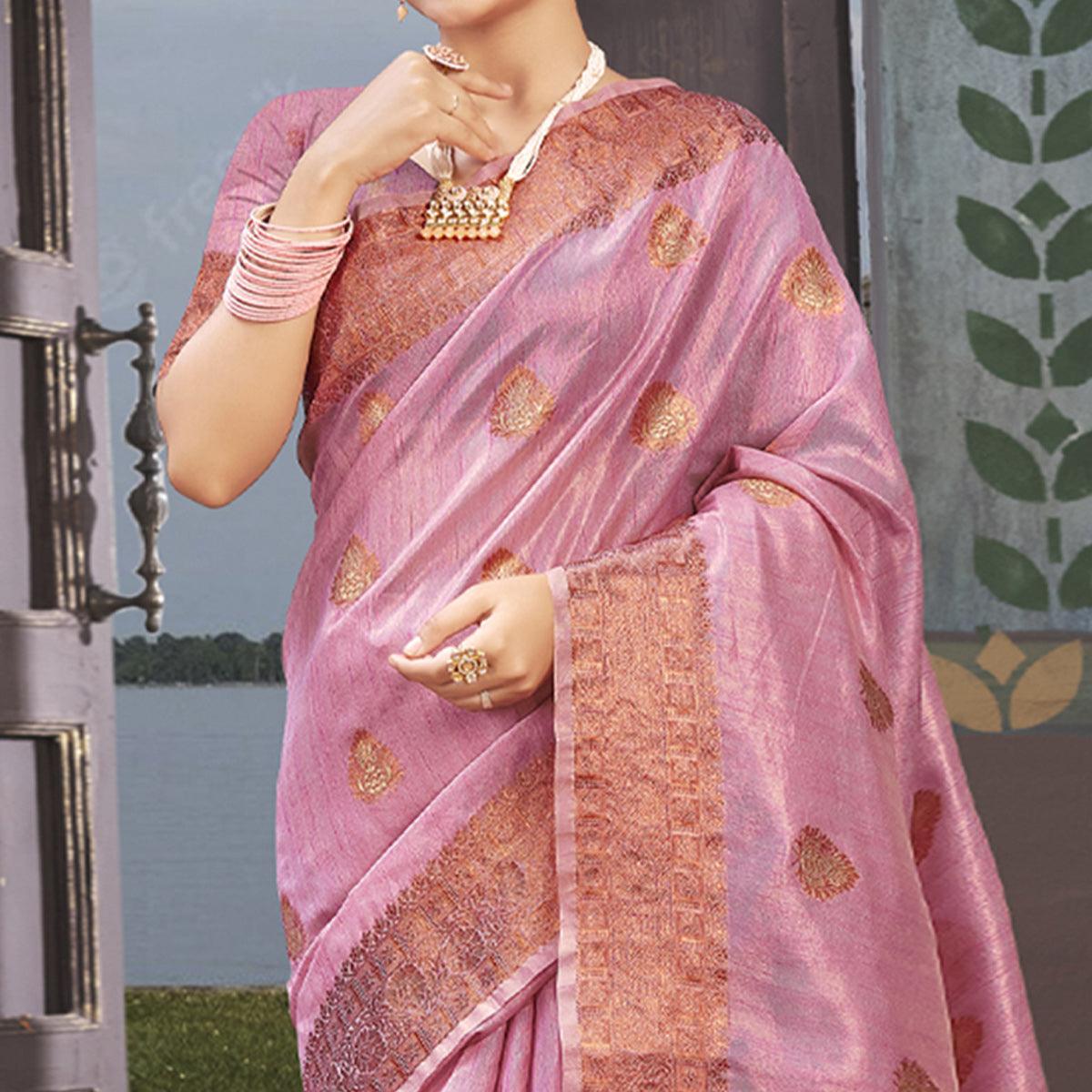 Purple Woven Organza Saree With Tassels - Peachmode