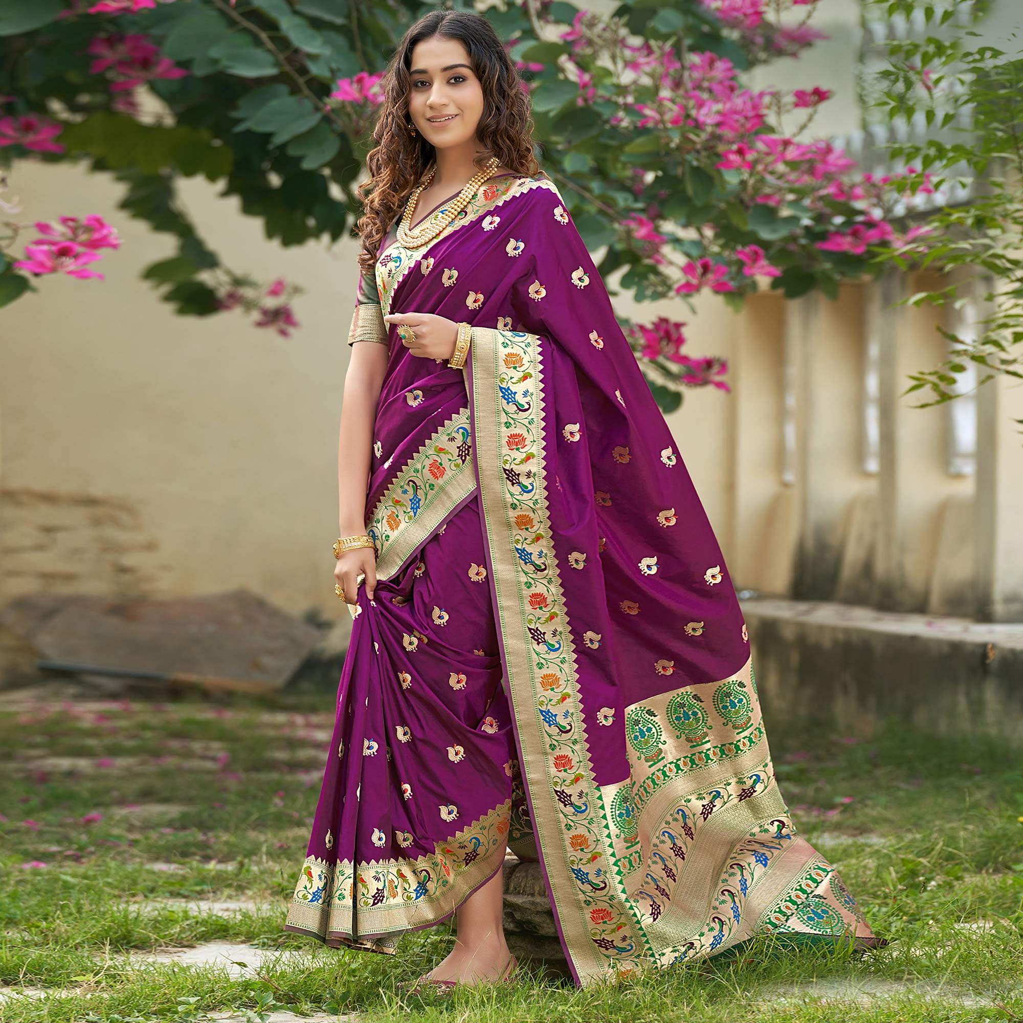 Purple Woven Paithani Saree - Peachmode