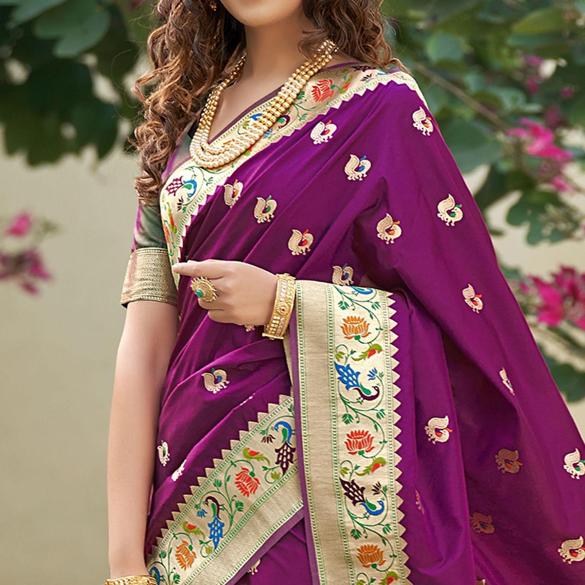 Purple Woven Paithani Saree - Peachmode