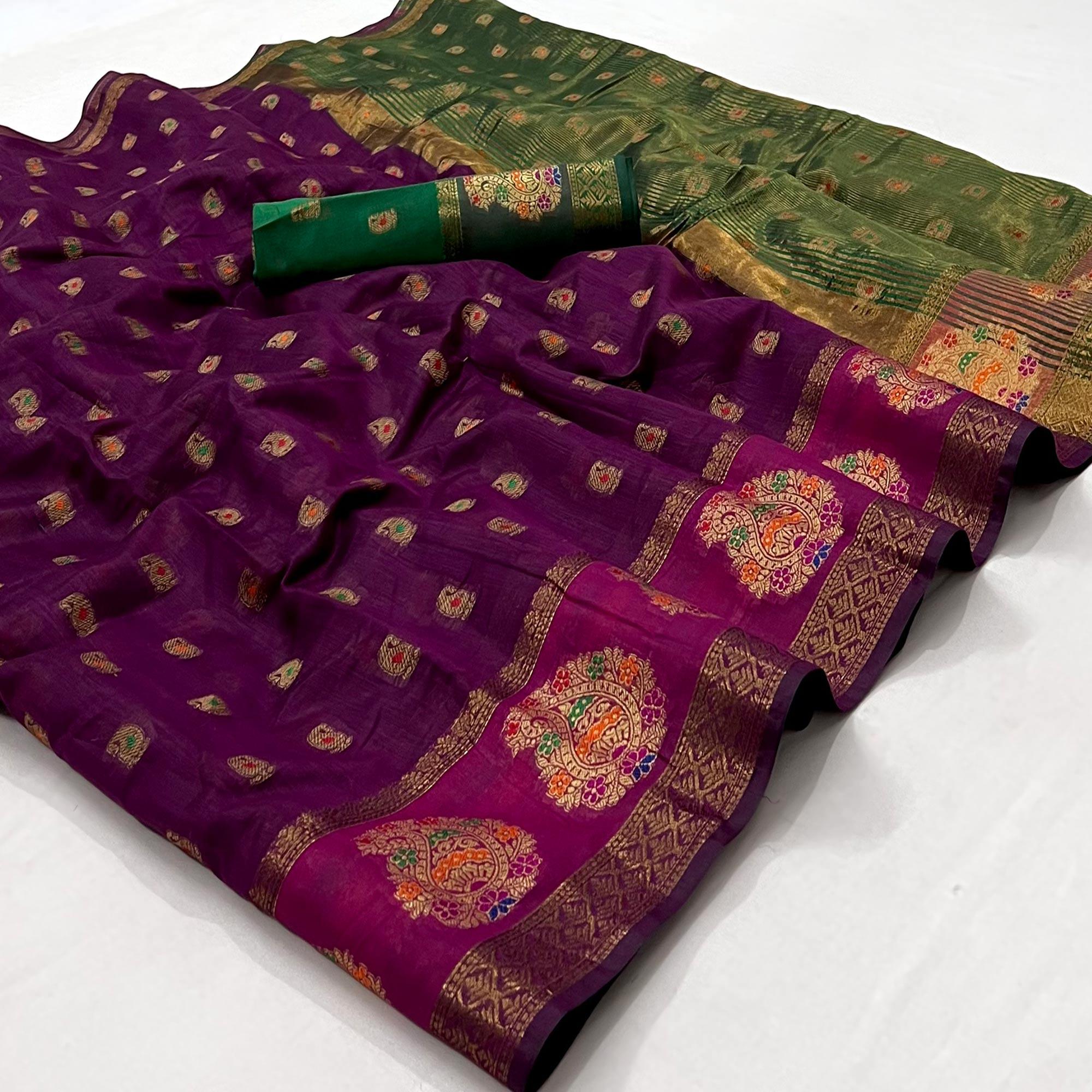 Purple Woven Poly Cotton Saree - Peachmode