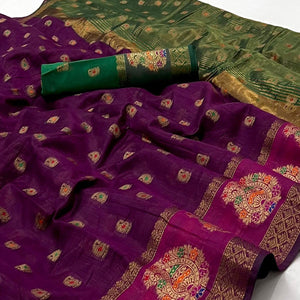 Purple Woven Poly Cotton Saree - Peachmode