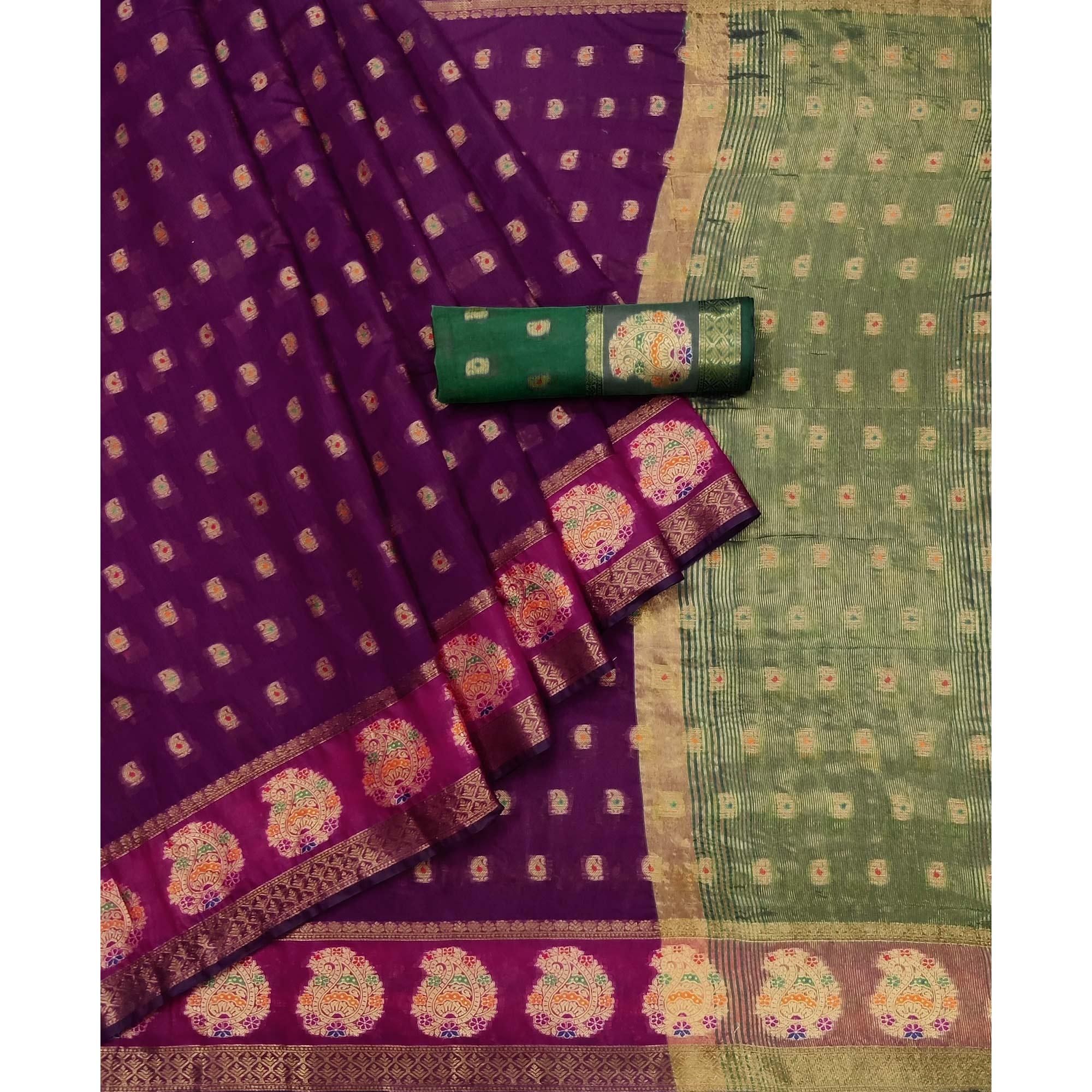 Purple Woven Poly Cotton Saree - Peachmode