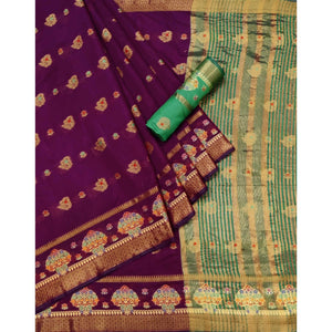 Purple Woven Poly Cotton Saree - Peachmode