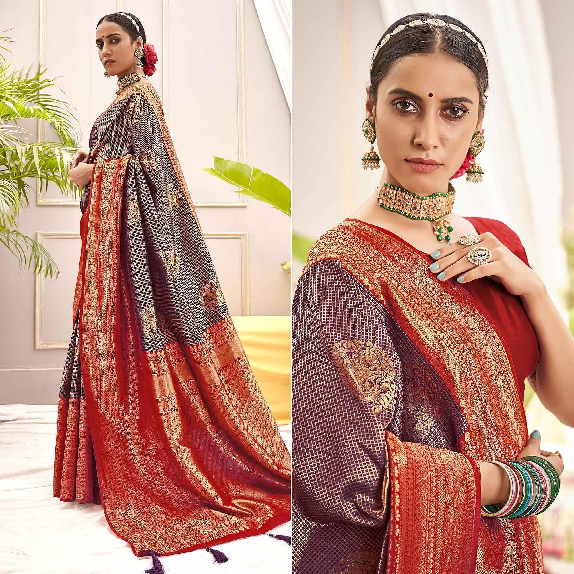 Purple Woven Pure Silk Saree With Tassels - Peachmode