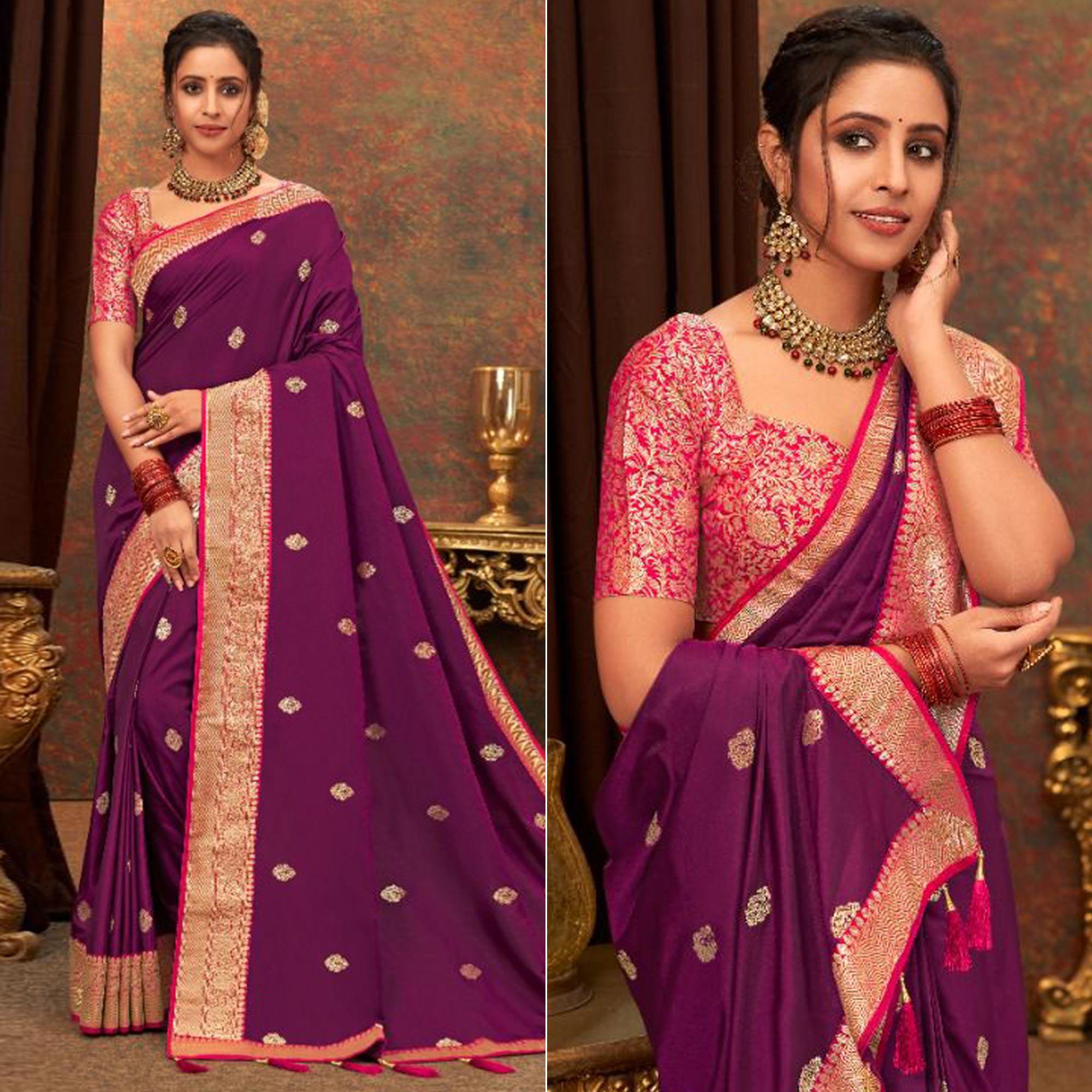 Purple Woven Pure Silk Saree With Tassels - Peachmode