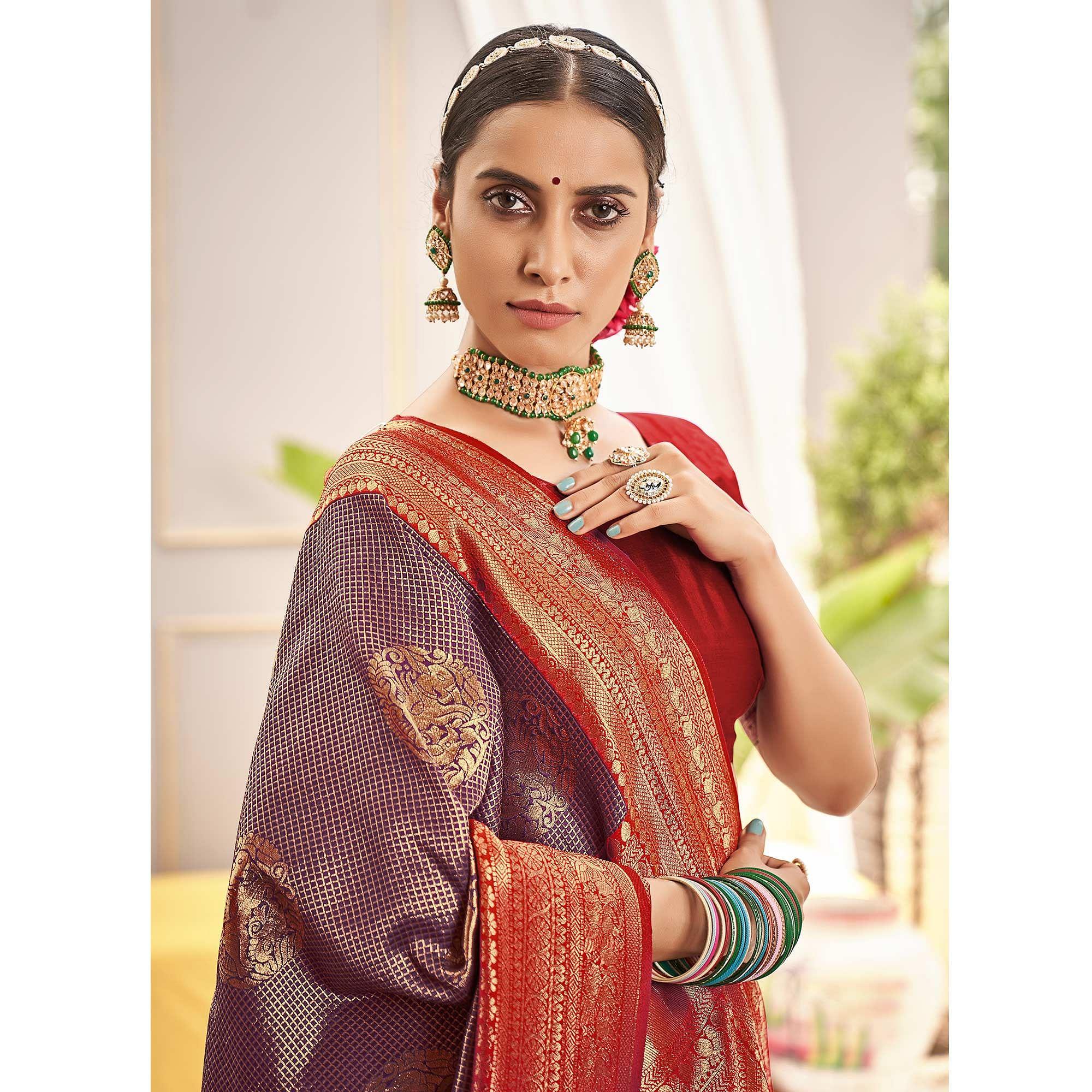 Purple Woven Pure Silk Saree With Tassels - Peachmode