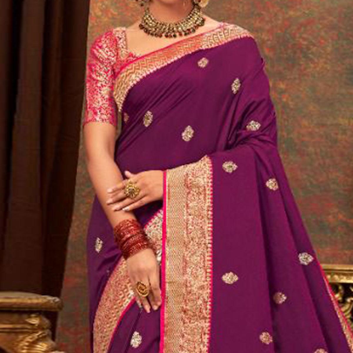 Purple Woven Pure Silk Saree With Tassels - Peachmode