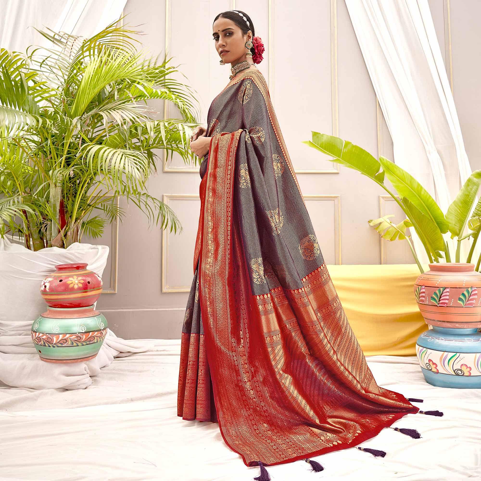 Purple Woven Pure Silk Saree With Tassels - Peachmode