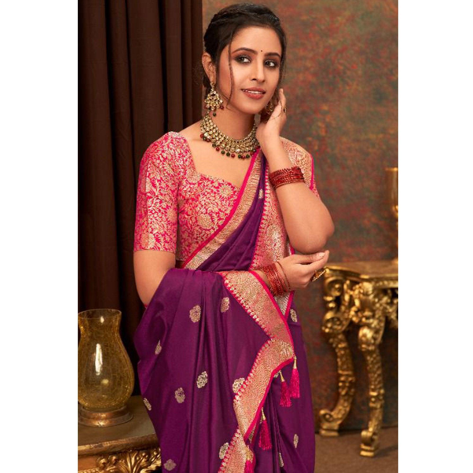 Purple Woven Pure Silk Saree With Tassels - Peachmode