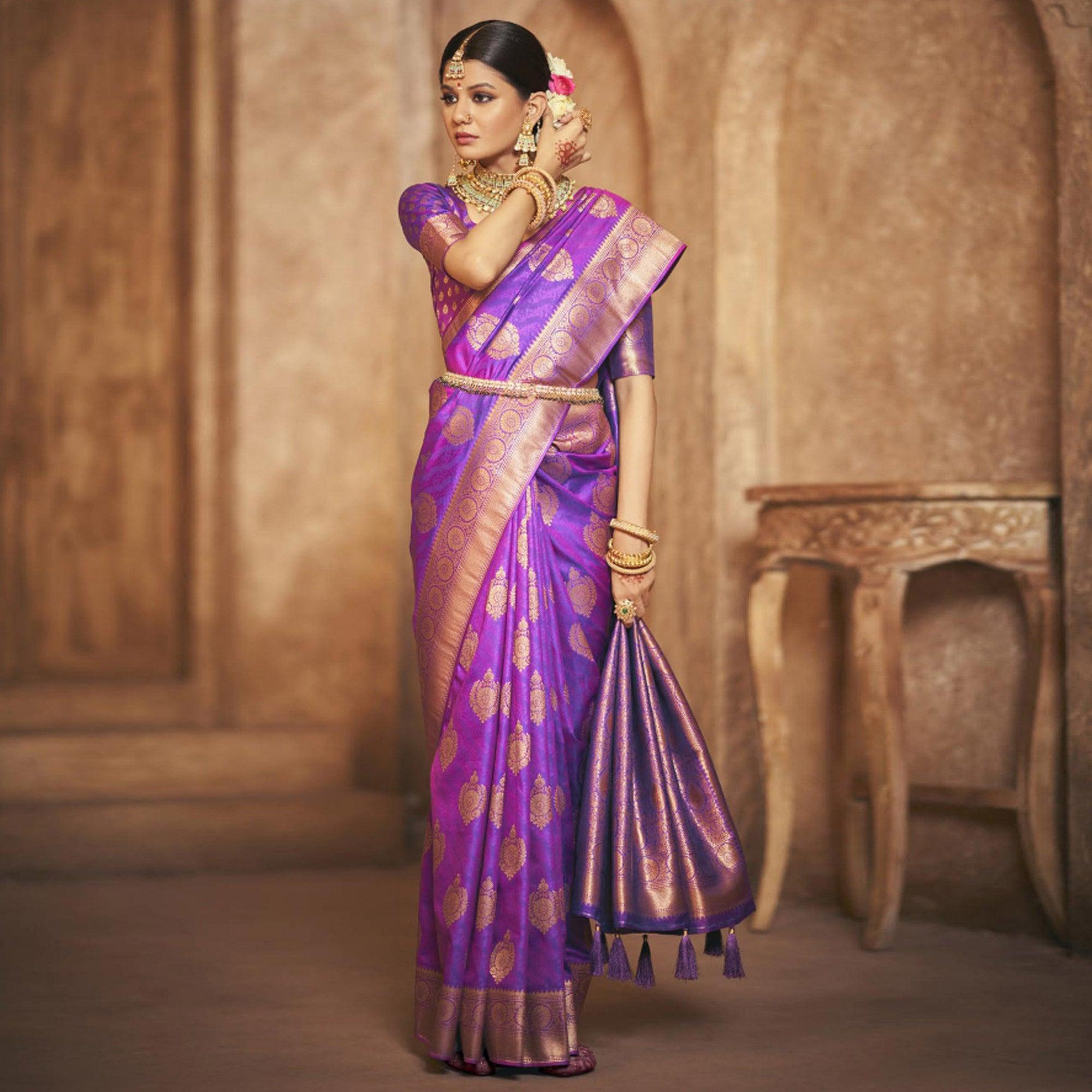 Purple Woven Silk Saree With Tassels - Peachmode