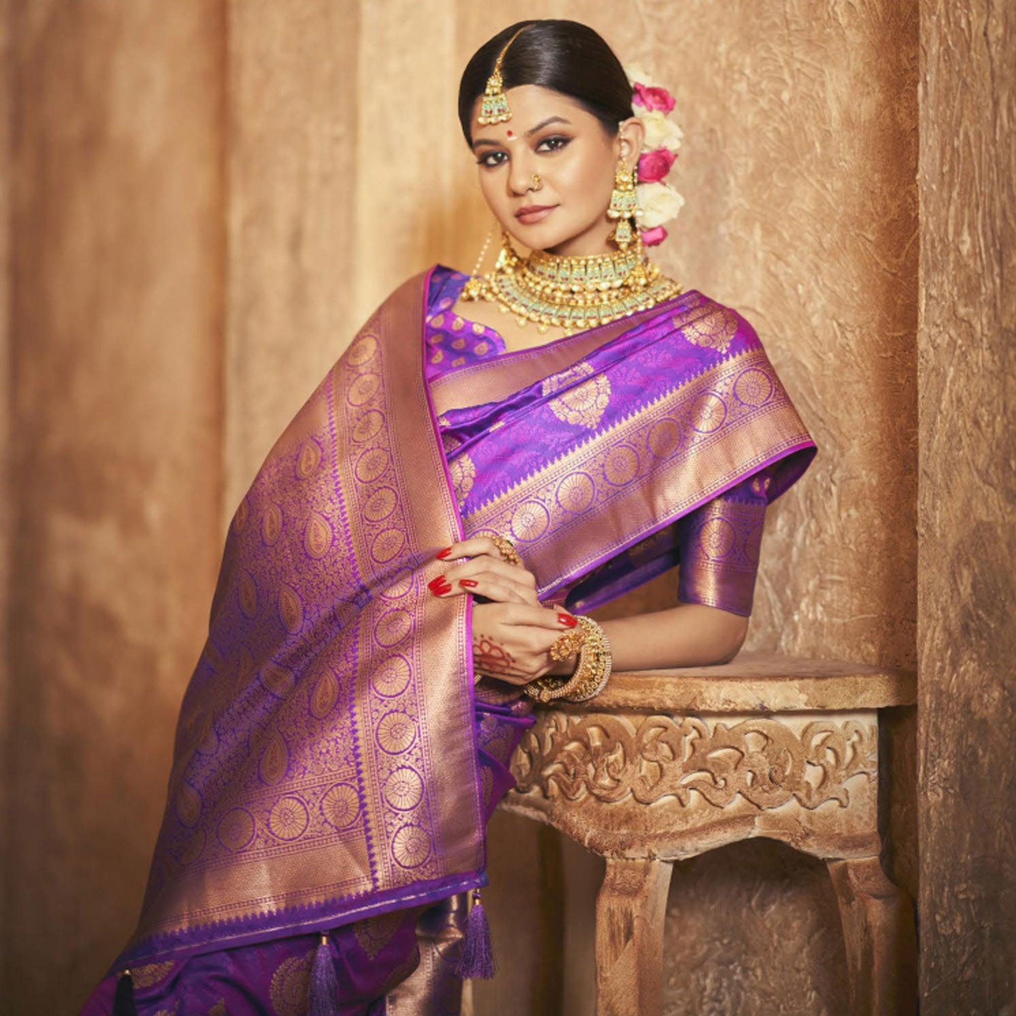 Purple Woven Silk Saree With Tassels - Peachmode