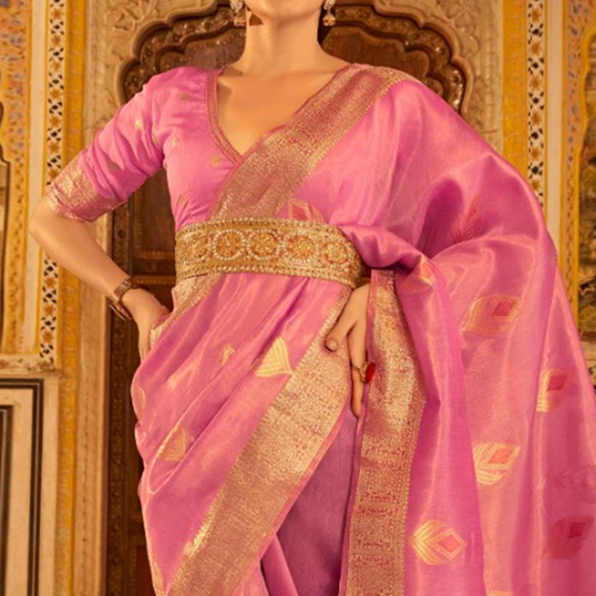 Purple Woven Tissue Silk Saree - Peachmode