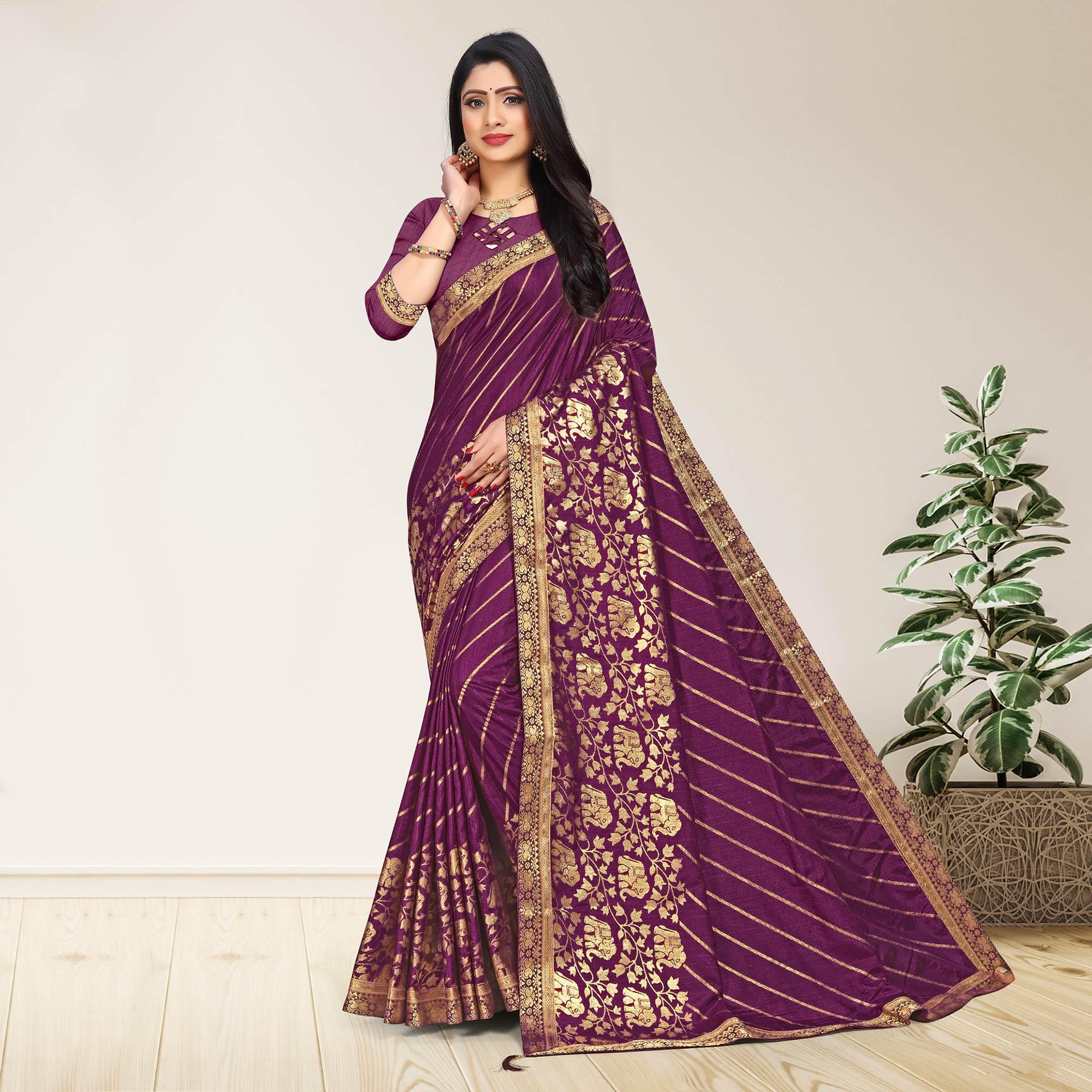 Purple Woven Vichitra Silk Saree - Peachmode
