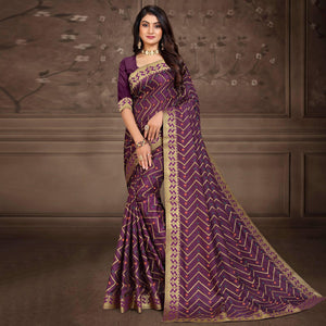 Purple Woven Vichitra Silk Saree - Peachmode