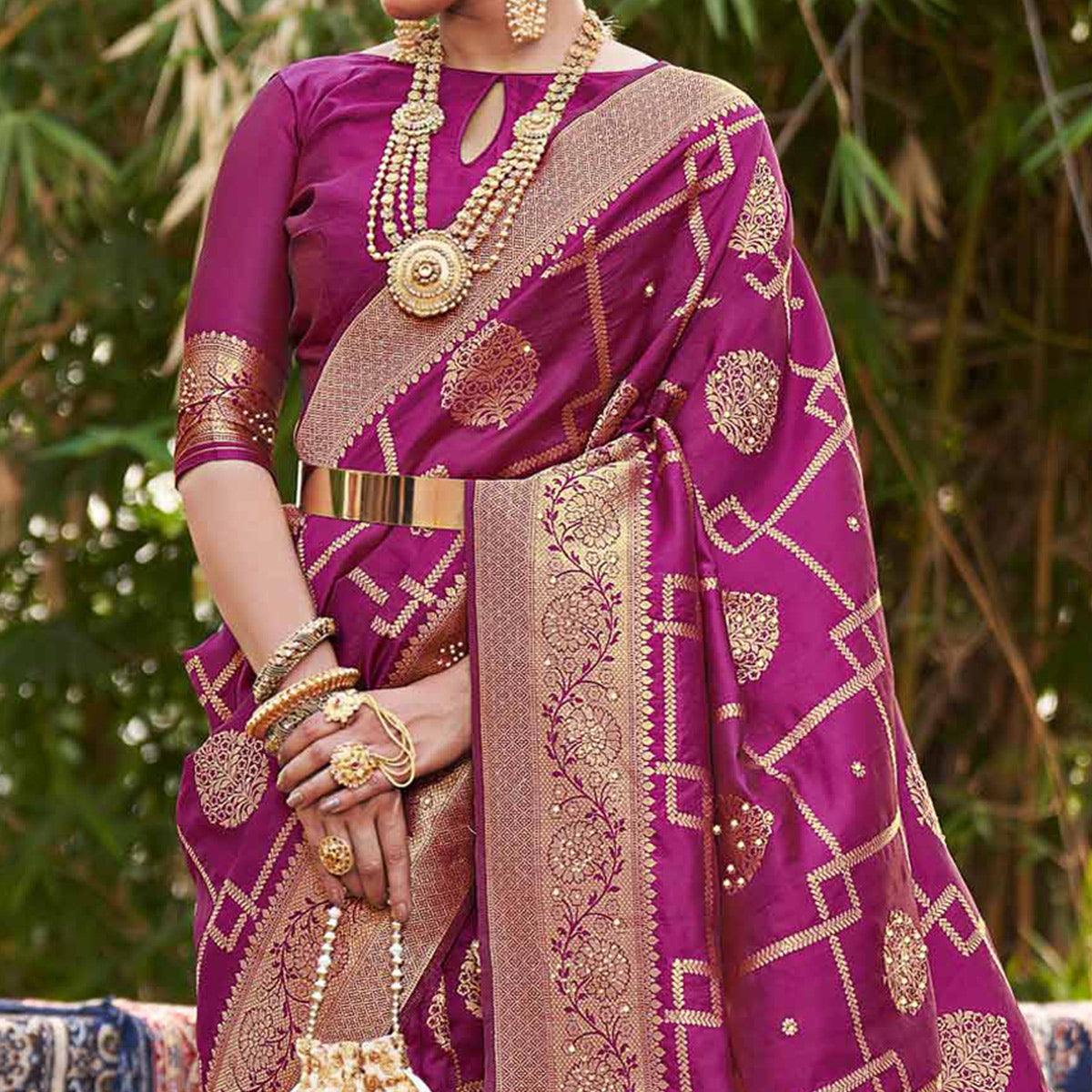 Purple Woven With Embellished Art Silk Saree With Tassels - Peachmode