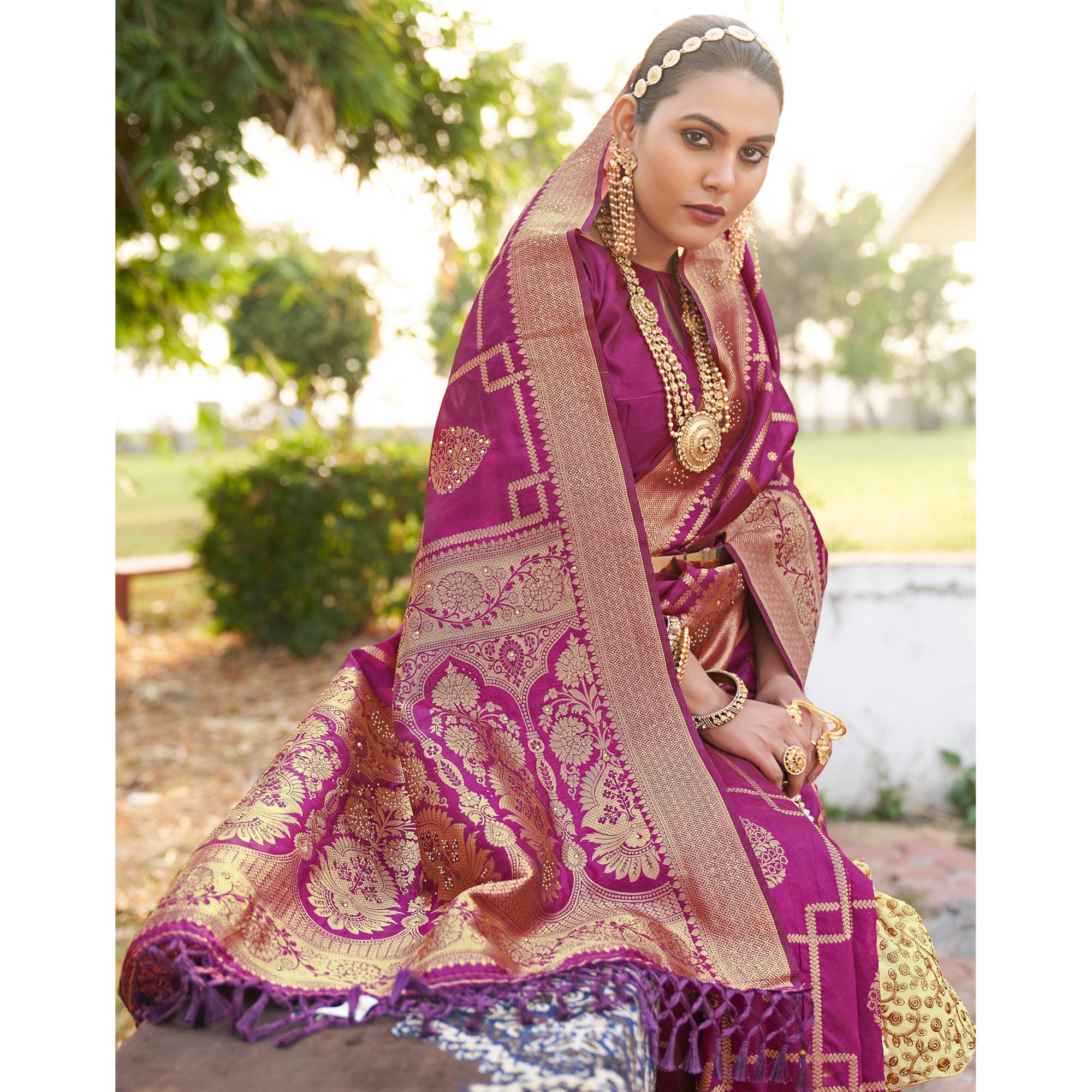 Purple Woven With Embellished Art Silk Saree With Tassels - Peachmode