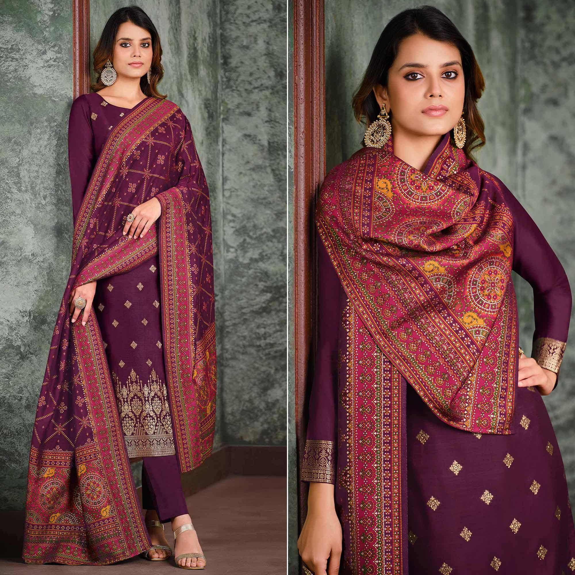 Purple Woven With Swarovski Work Silk Partywear Suit - Peachmode
