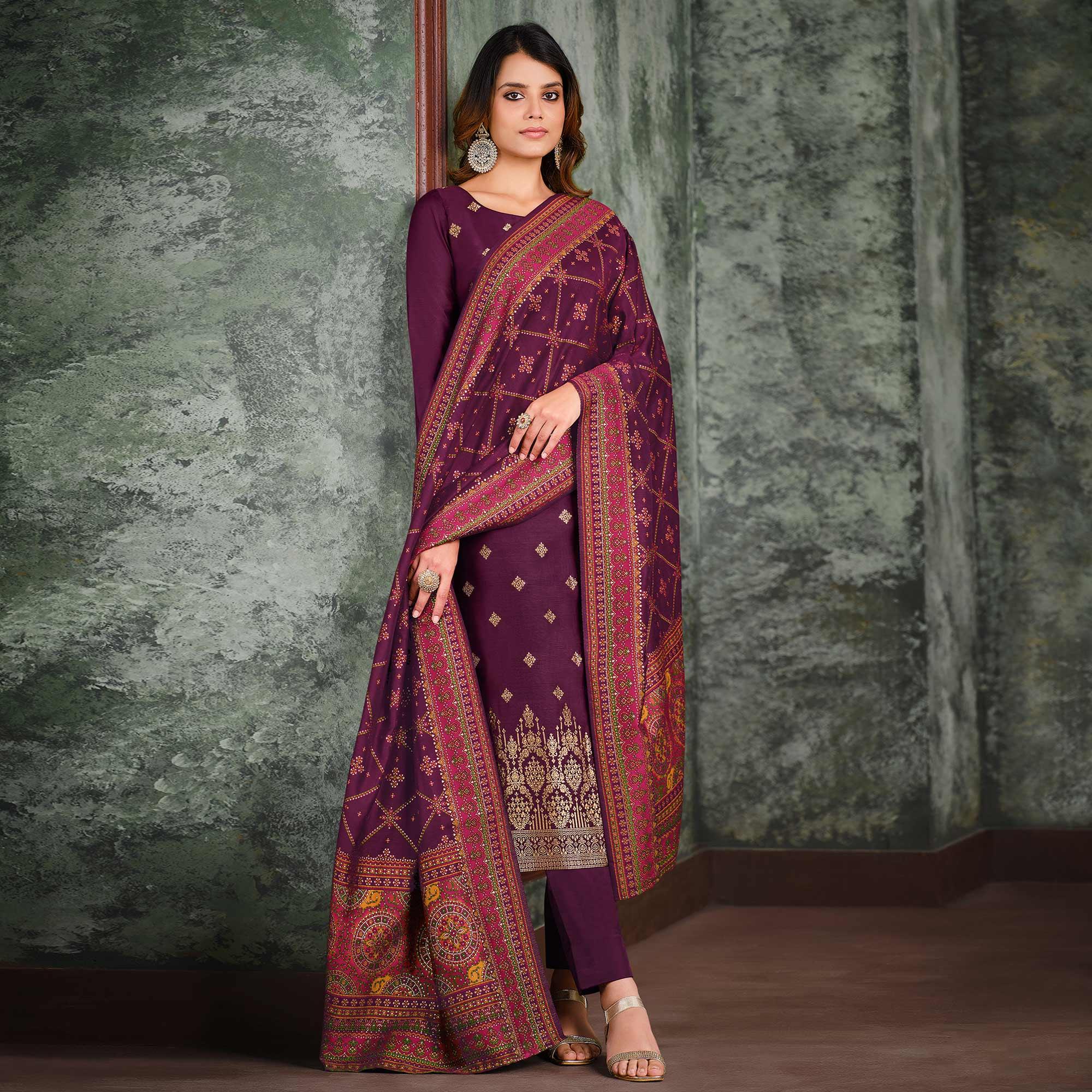 Purple Woven With Swarovski Work Silk Partywear Suit - Peachmode