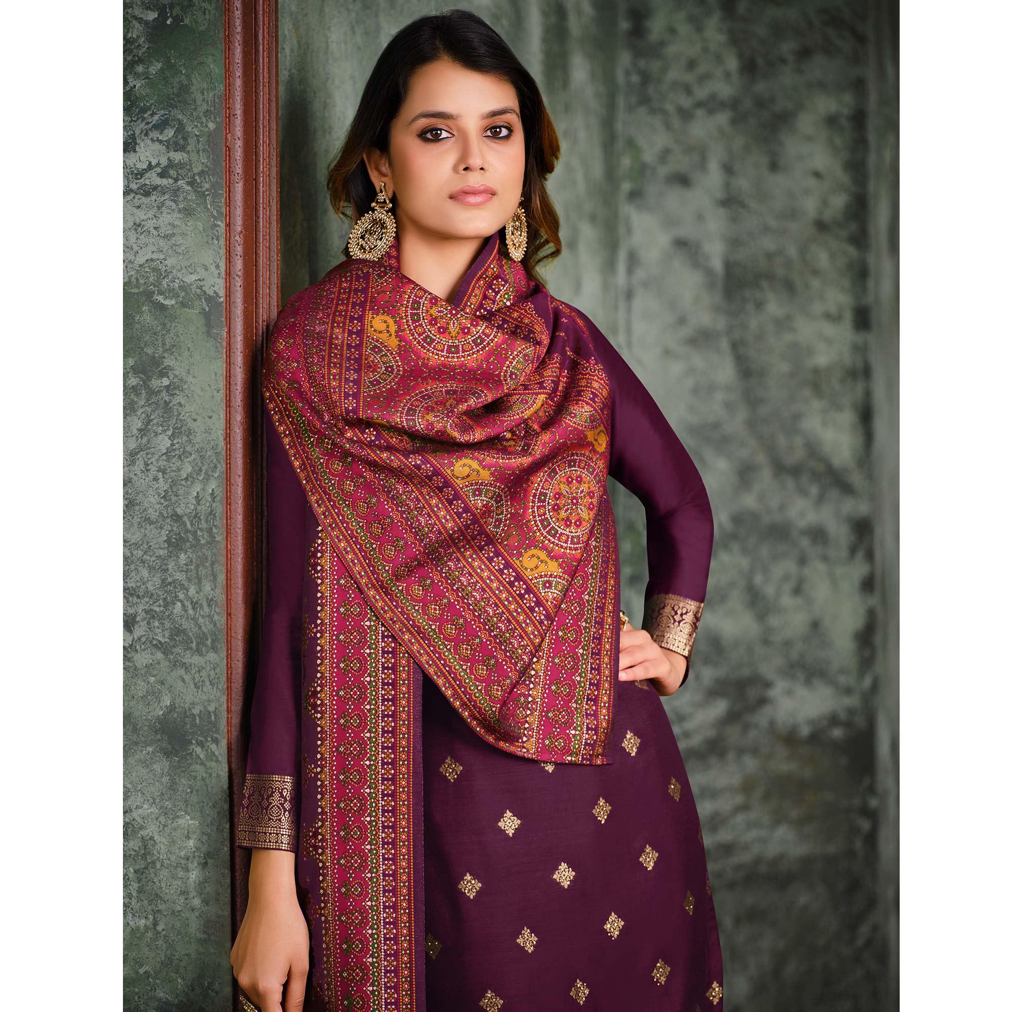 Purple Woven With Swarovski Work Silk Partywear Suit - Peachmode