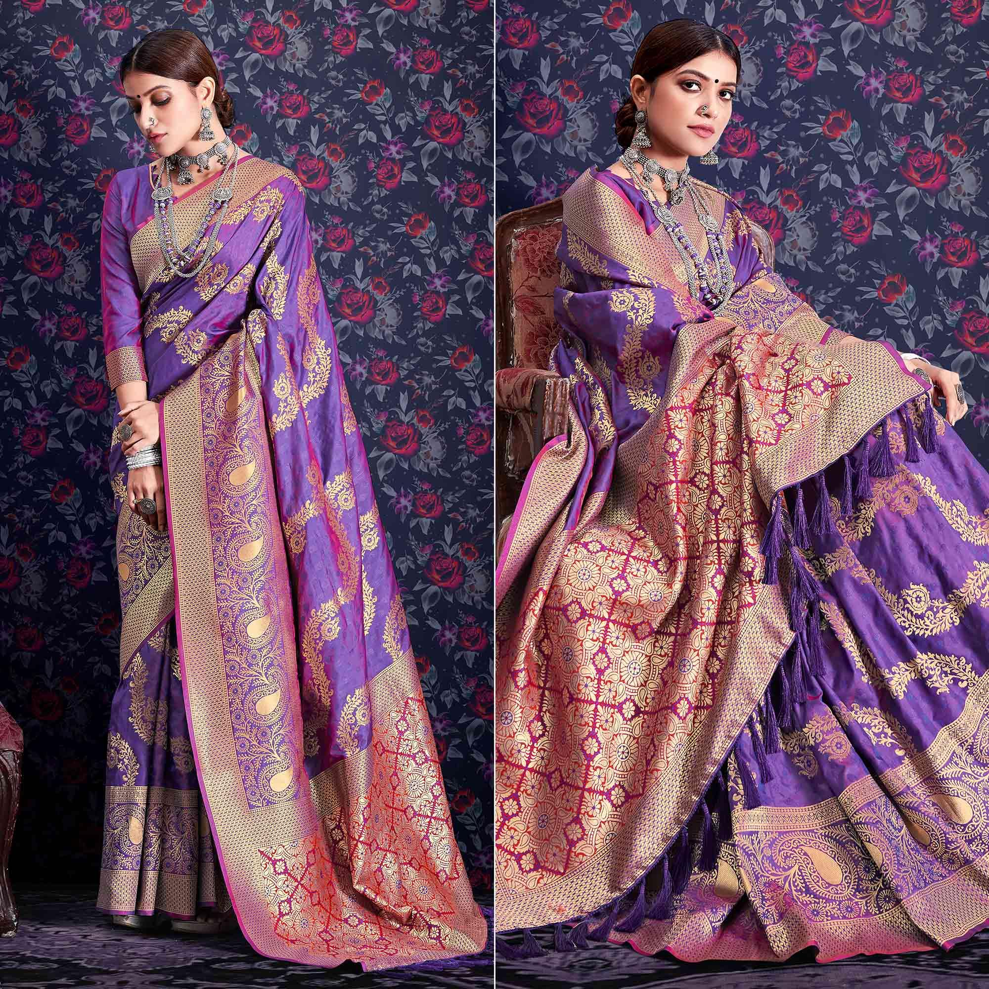 Purple Zari Woven Art Silk Saree - Peachmode