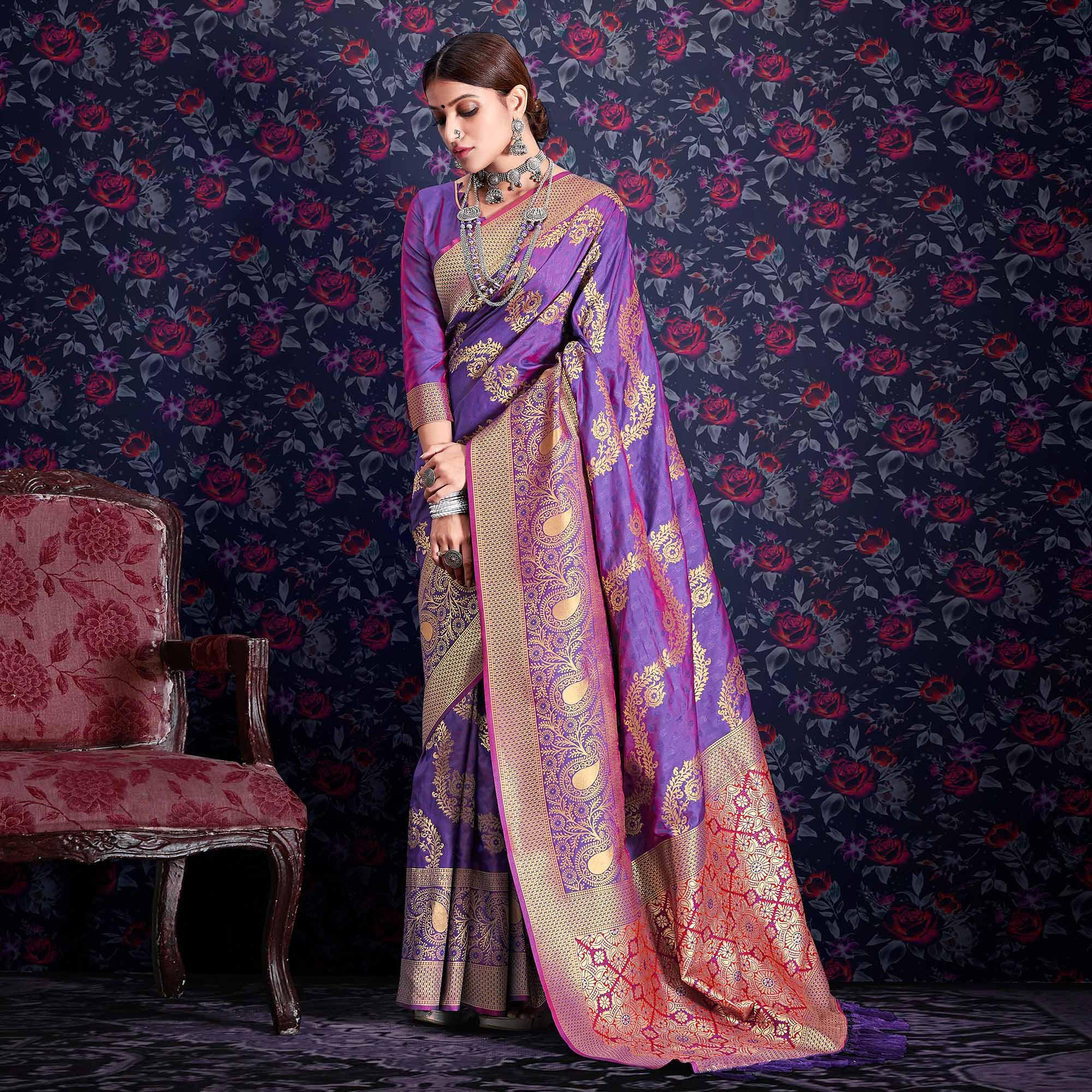 Purple Zari Woven Art Silk Saree - Peachmode