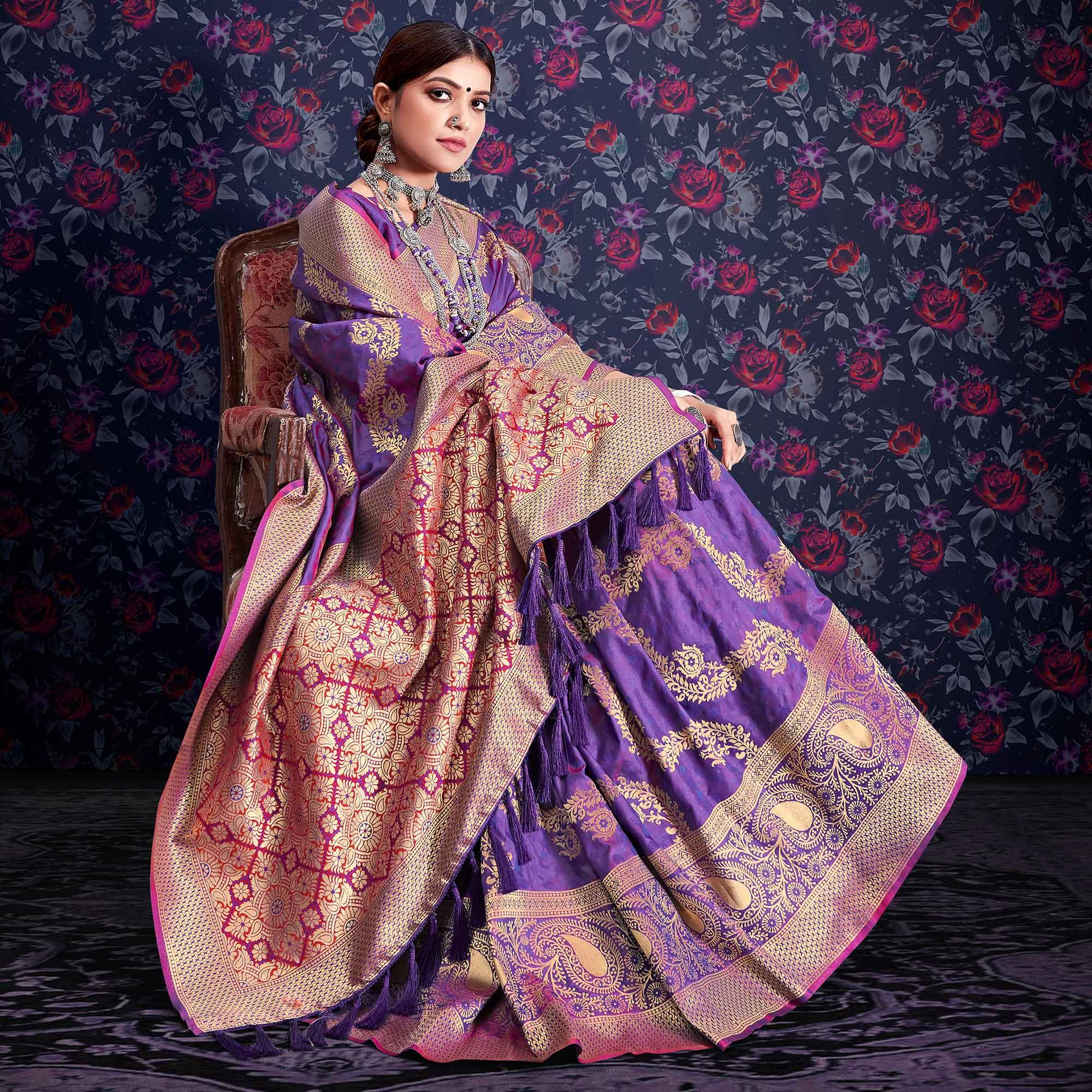 Purple Zari Woven Art Silk Saree - Peachmode