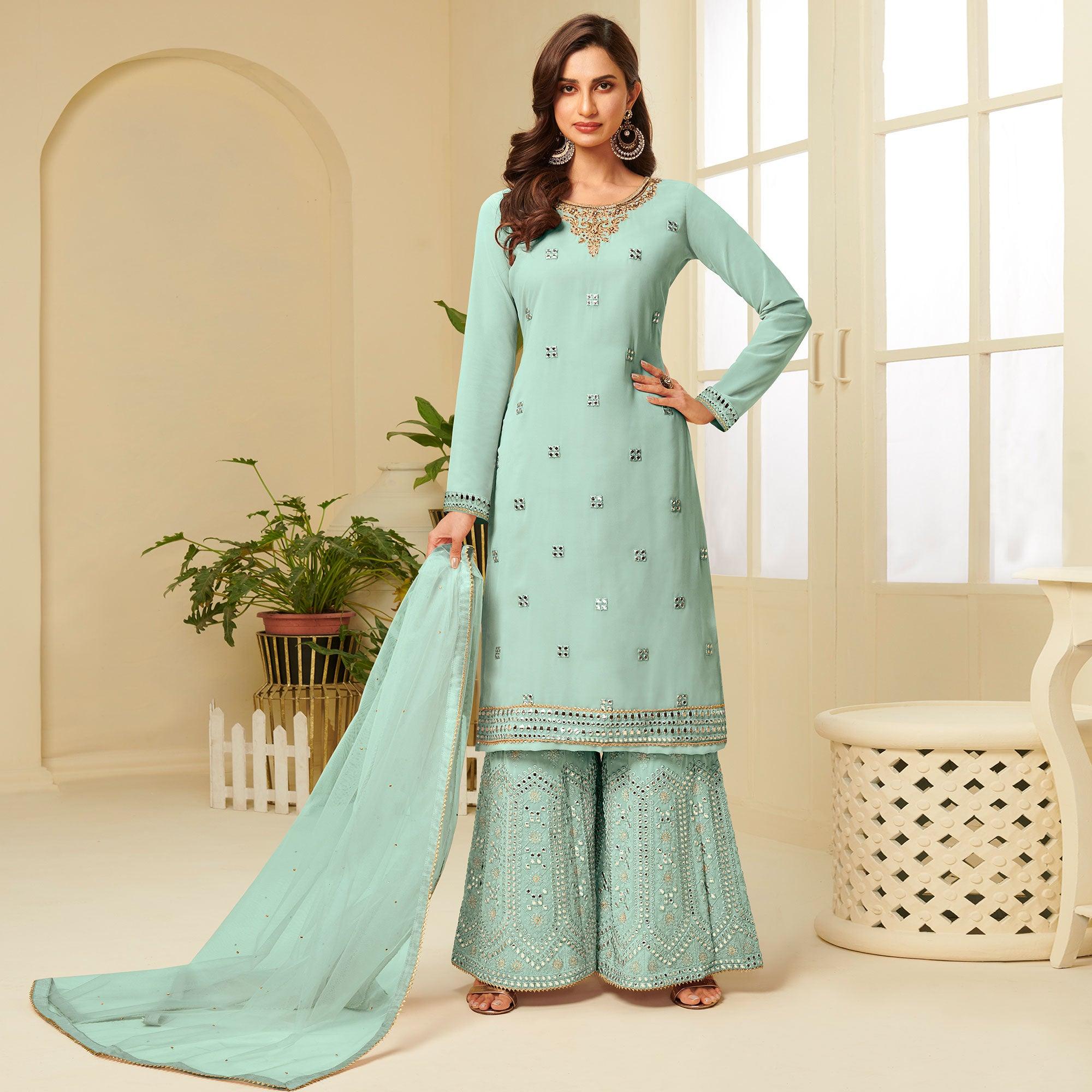 Radiant Aqua Blue Coloured Partywear Gota Work Georgette Palazzo Suit - Peachmode