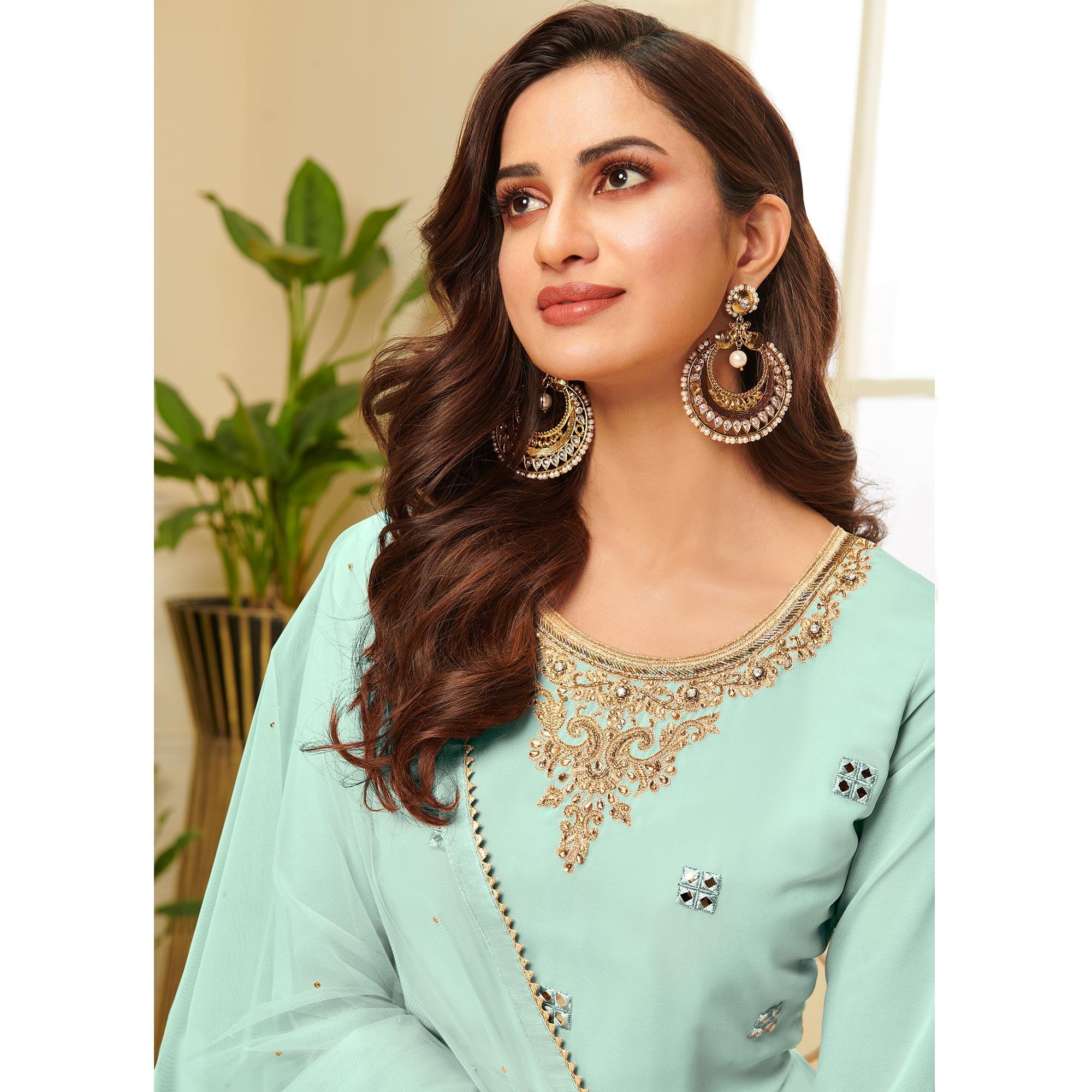Radiant Aqua Blue Coloured Partywear Gota Work Georgette Palazzo Suit - Peachmode