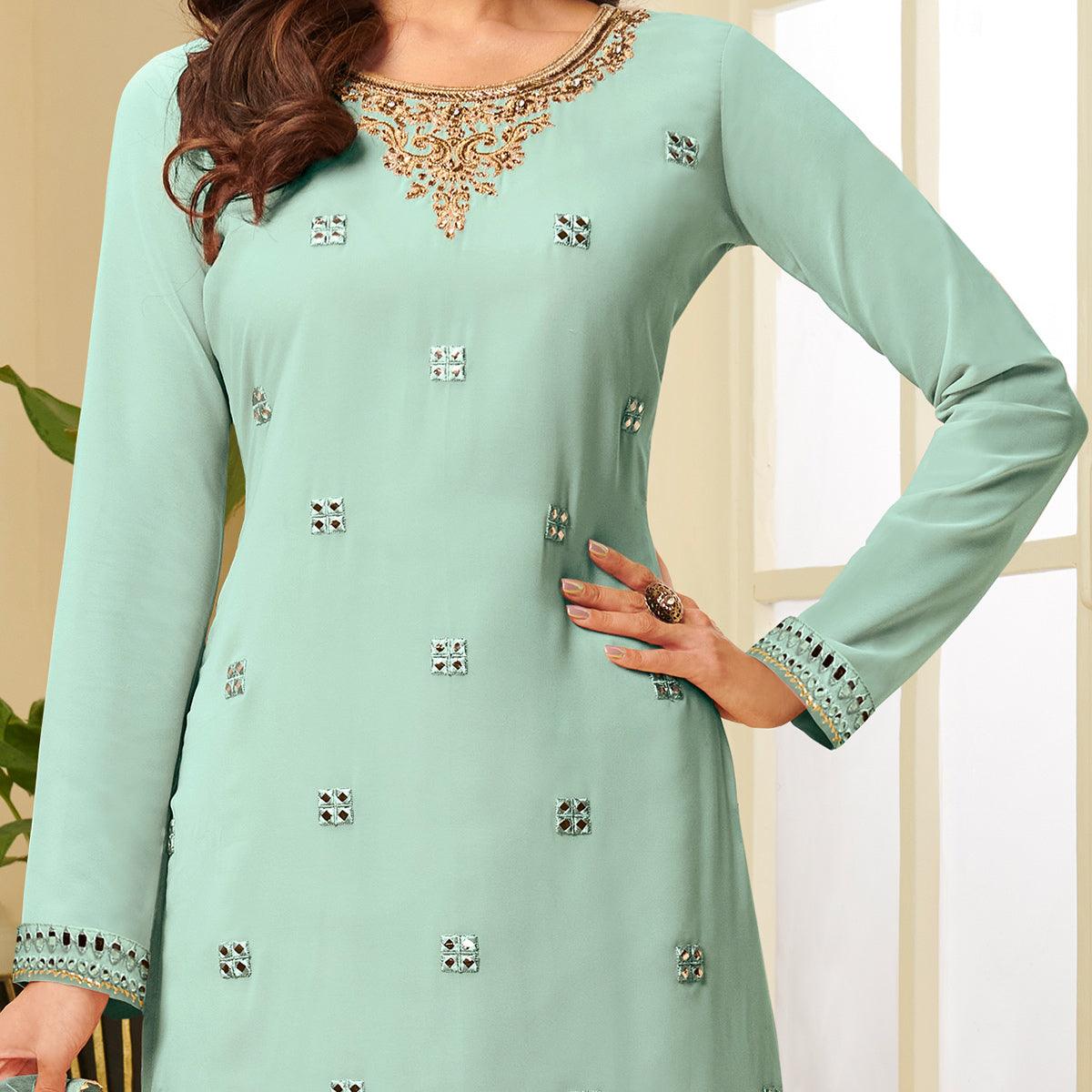 Radiant Aqua Blue Coloured Partywear Gota Work Georgette Palazzo Suit - Peachmode