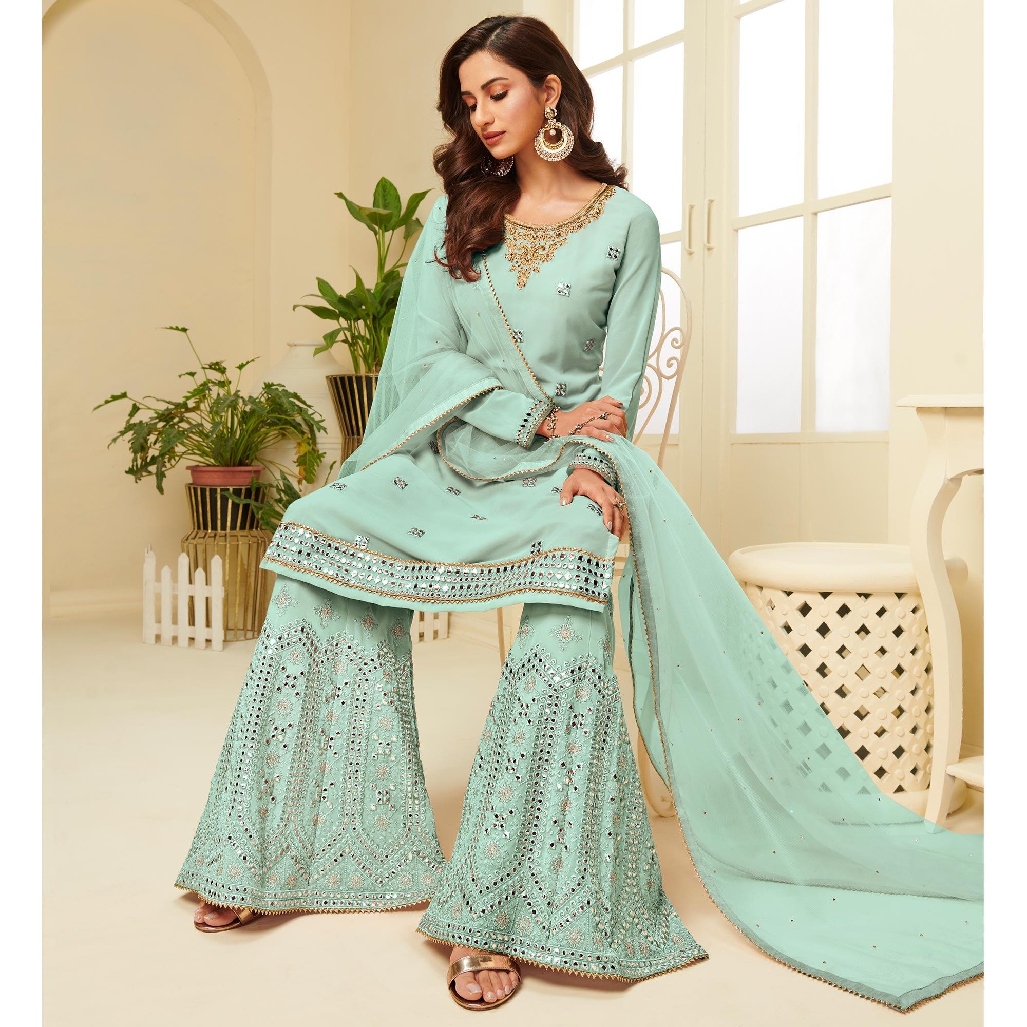 Radiant Aqua Blue Coloured Partywear Gota Work Georgette Palazzo Suit - Peachmode