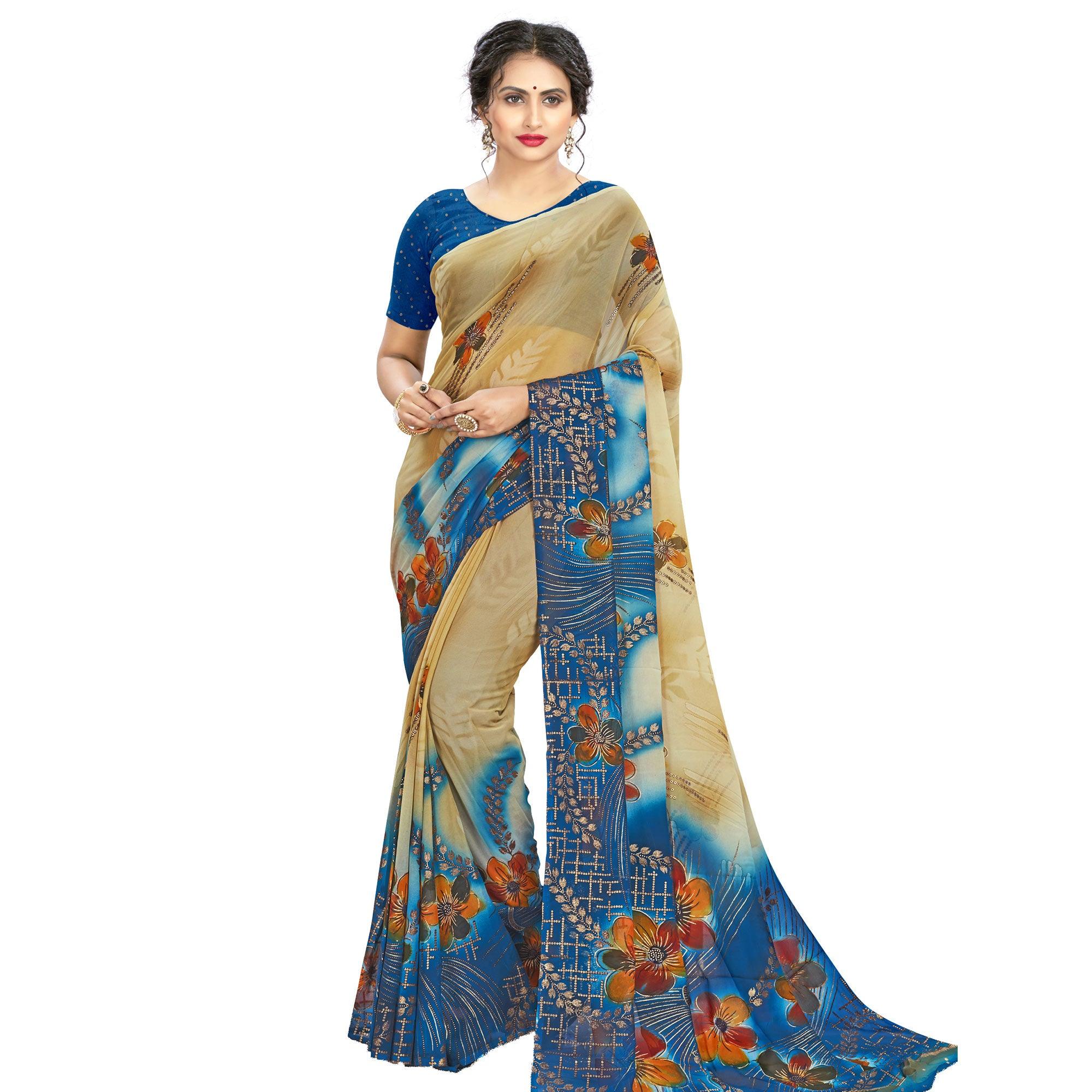 Radiant Beige - Blue Colored Casual Wear Printed Georgette Saree - Peachmode