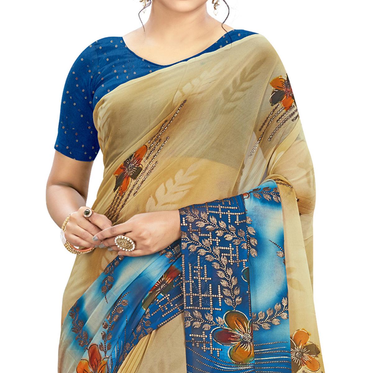 Radiant Beige - Blue Colored Casual Wear Printed Georgette Saree - Peachmode