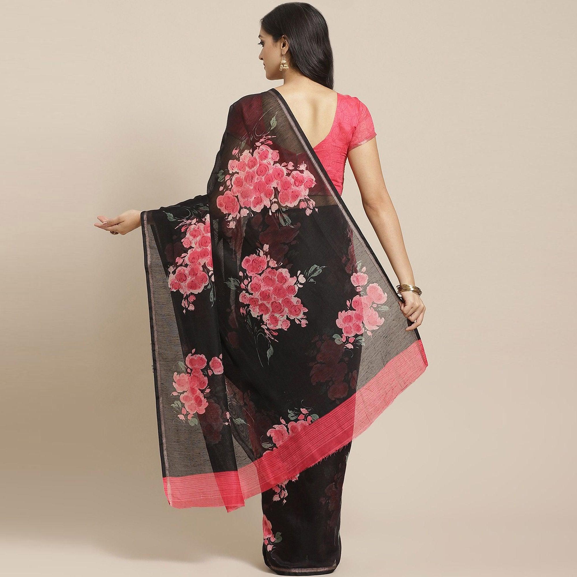 Radiant Black Colored Casual Wear Printed Cotton Blend Saree - Peachmode