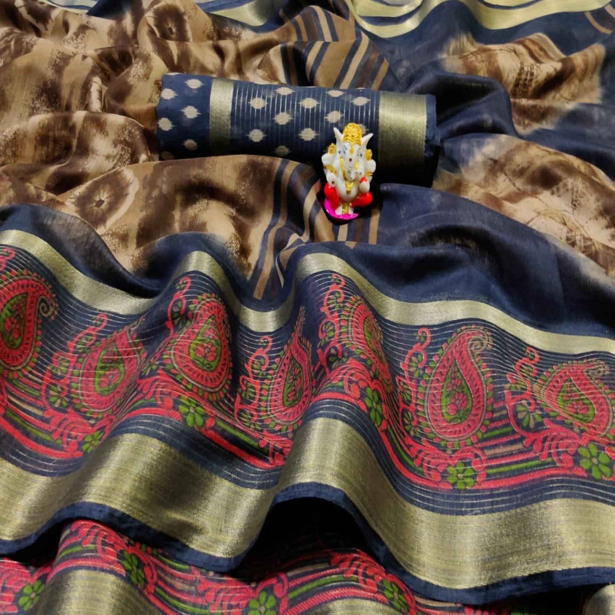 Radiant Brown Colored Casual Wear Printed Cotton Saree - Peachmode