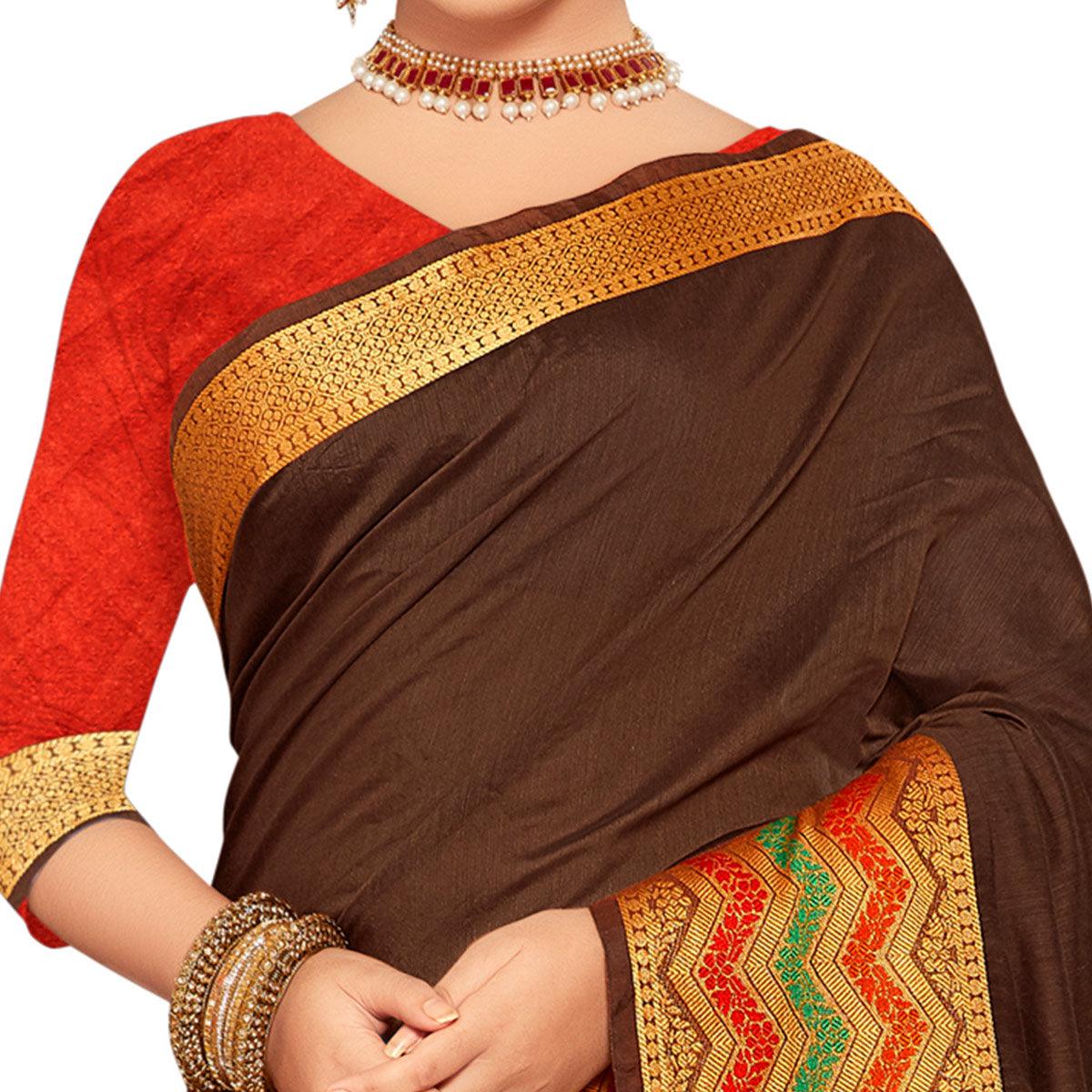 Radiant Brown Colored Festive Wear Woven Kanjivaram Silk Saree - Peachmode