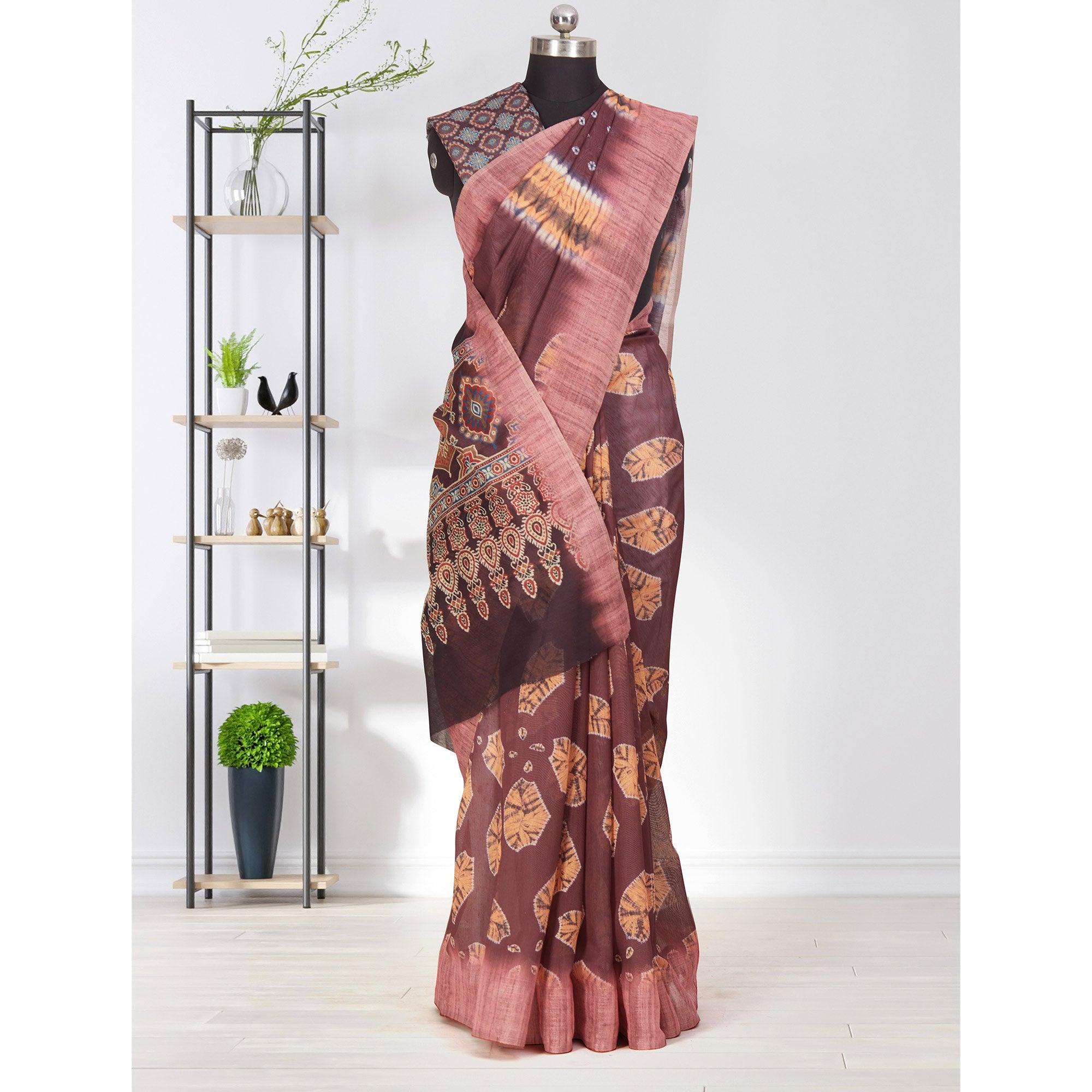 Radiant Brown Coloured Casual Wear Printed Linen Saree - Peachmode