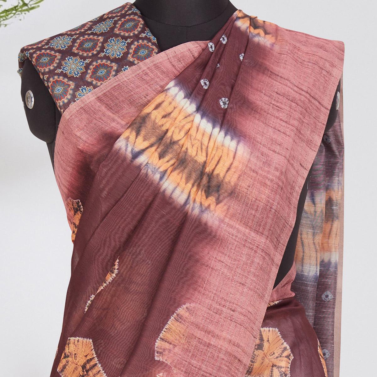 Radiant Brown Coloured Casual Wear Printed Linen Saree - Peachmode