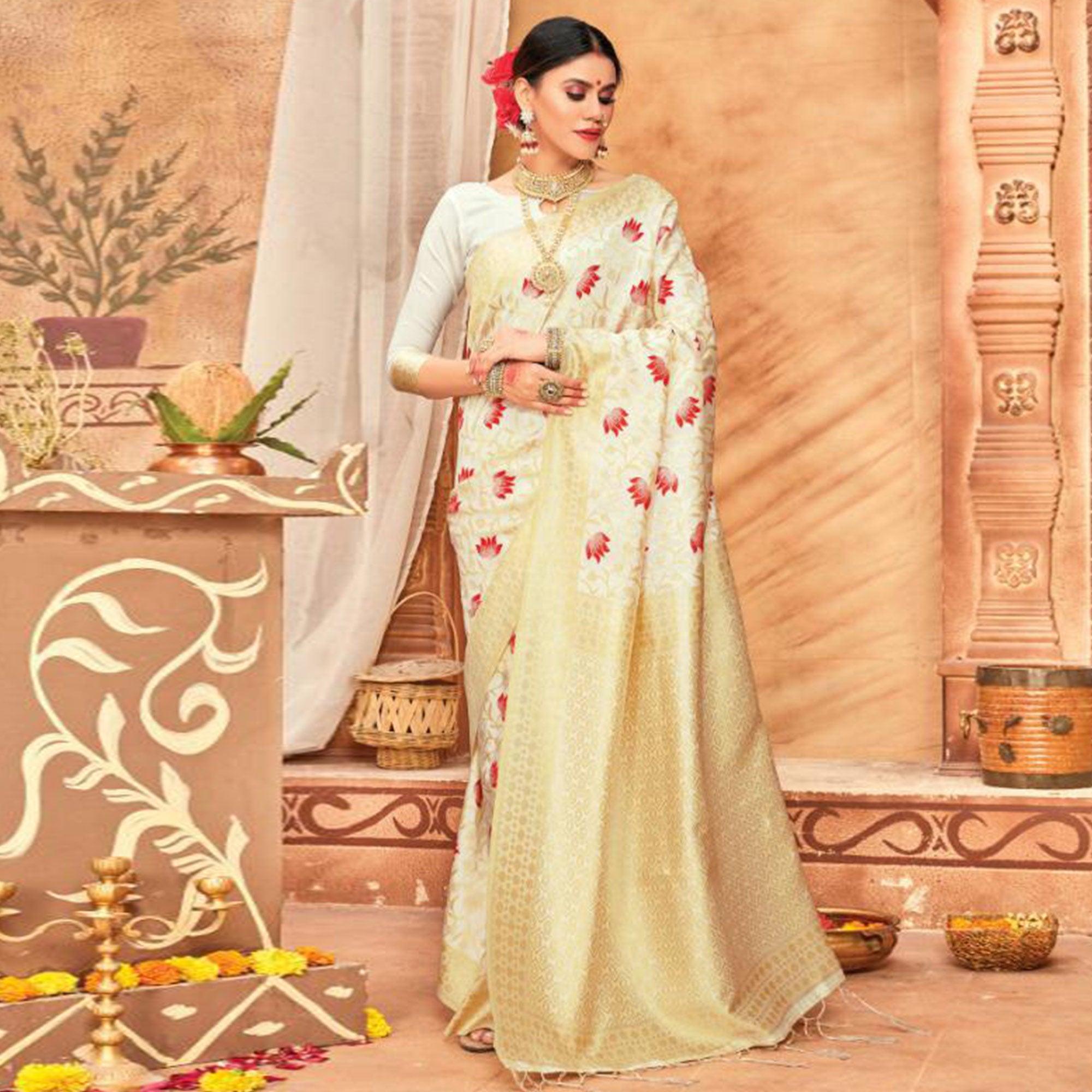 Radiant Cream Colored Festive Wear Woven Silk Blend Saree With Tassels - Peachmode