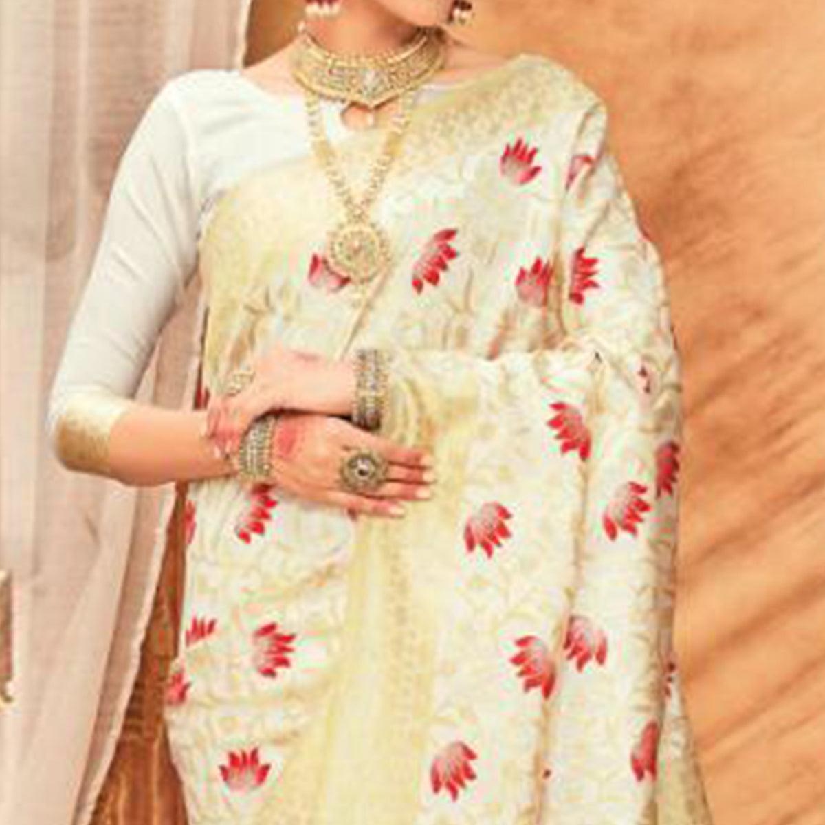 Radiant Cream Colored Festive Wear Woven Silk Blend Saree With Tassels - Peachmode