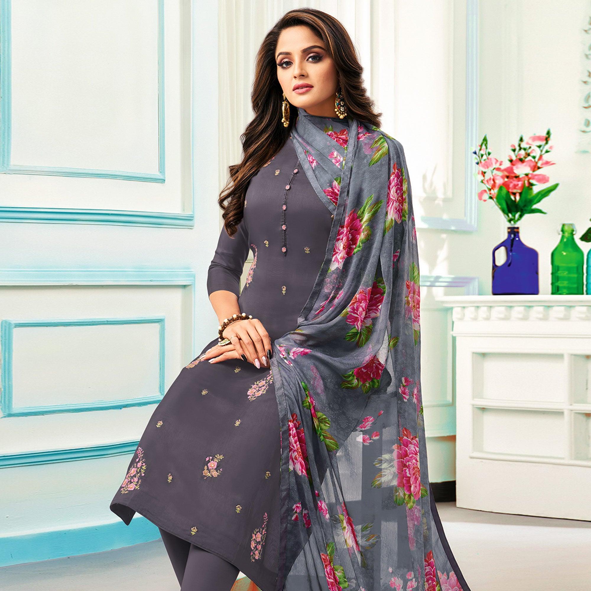 Radiant Dark Grey Colored Casual Wear Embroidered Chanderi Dress Material - Peachmode