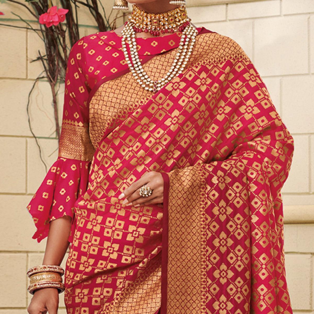 Radiant Deep Pink Colored Festive Wear Woven Silk Saree - Peachmode